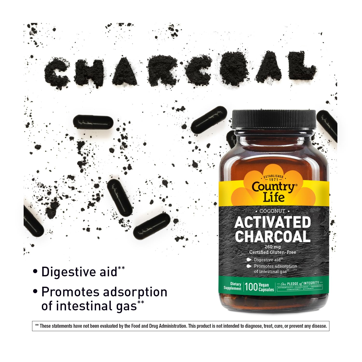 Close-up of Country Life Activated Charcoal Vegan Capsules