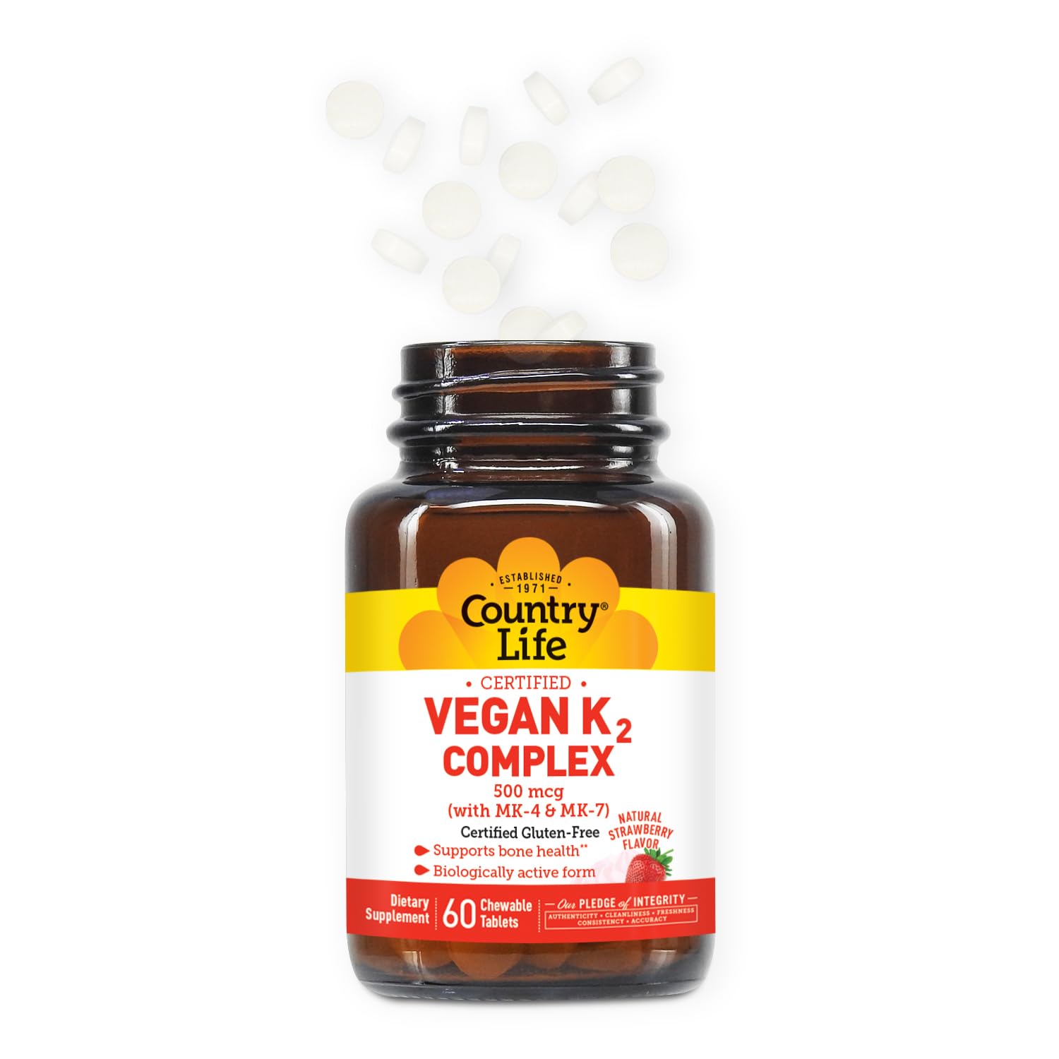 Close-up of Country Life K2 chewable tablets
