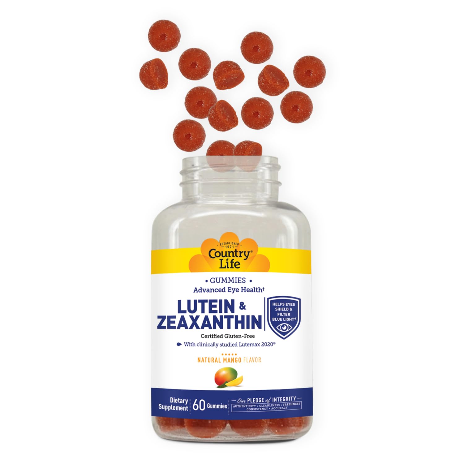 Close-up of Country Life Lutein Gummies showing texture