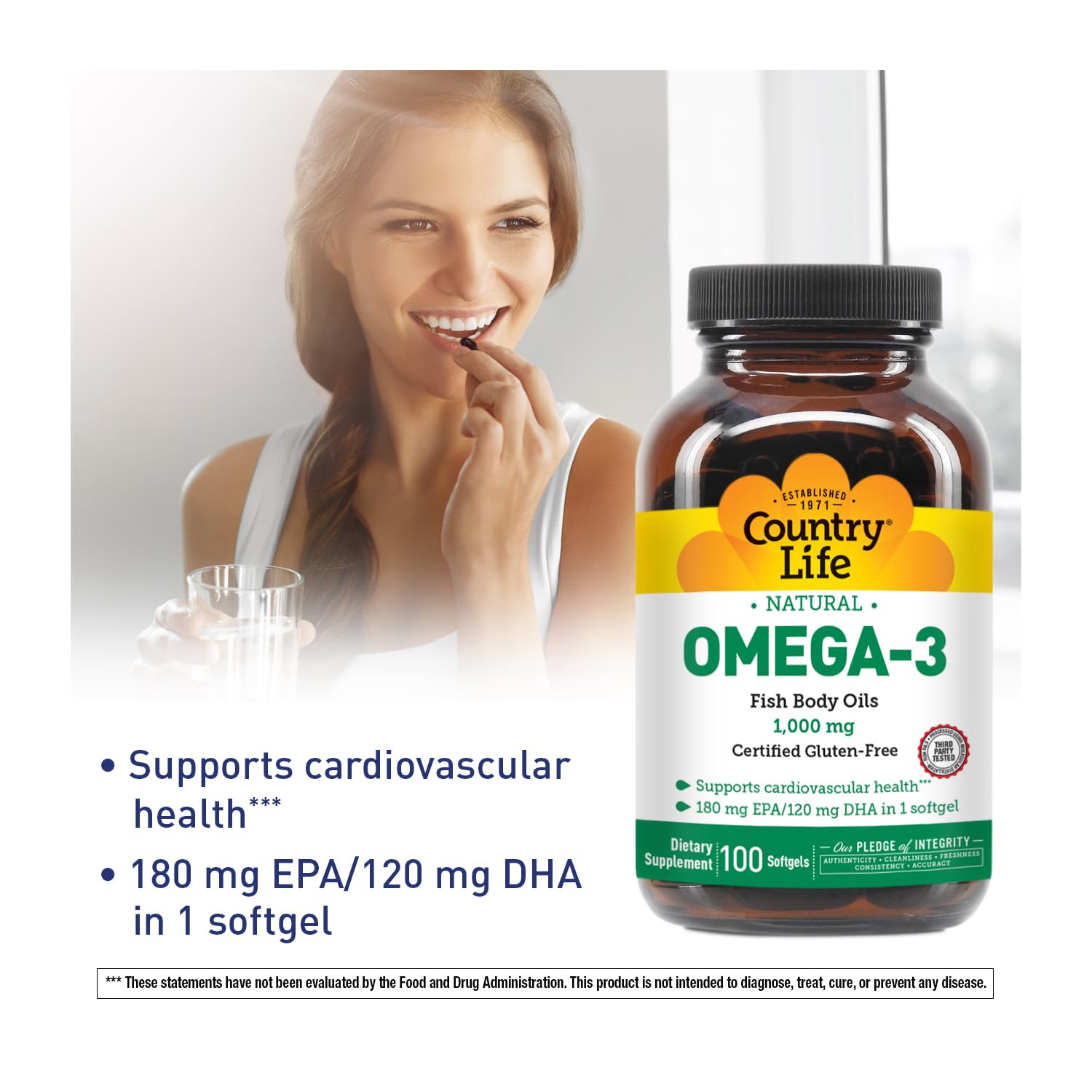Close-up of Country Life Omega-3 Fish Oil Softgels showing softgel size