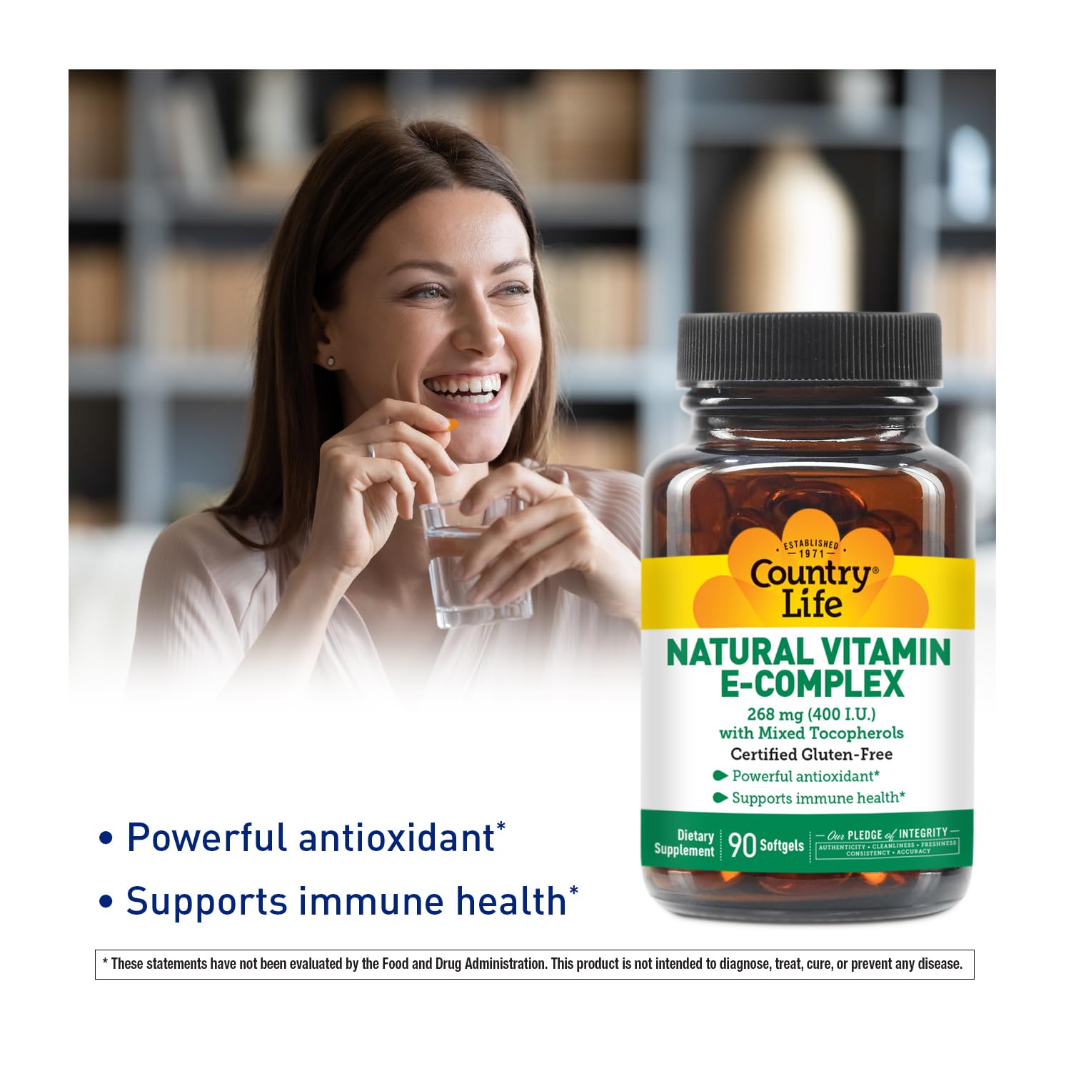 Close-up of Country Life Vitamin E Complex Softgels packaging