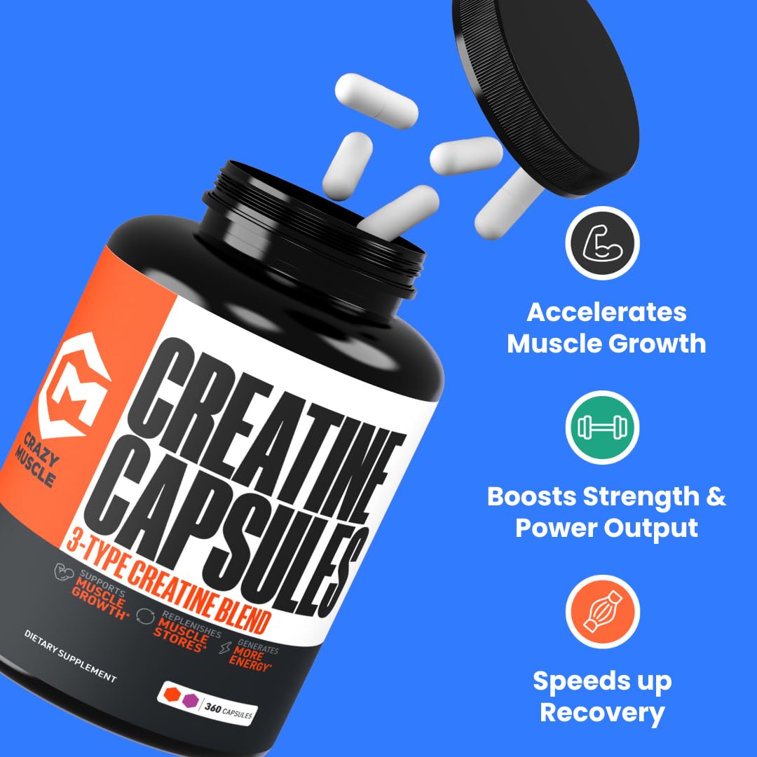 Close-up of Crazy Muscle Creatine Monohydrate capsules