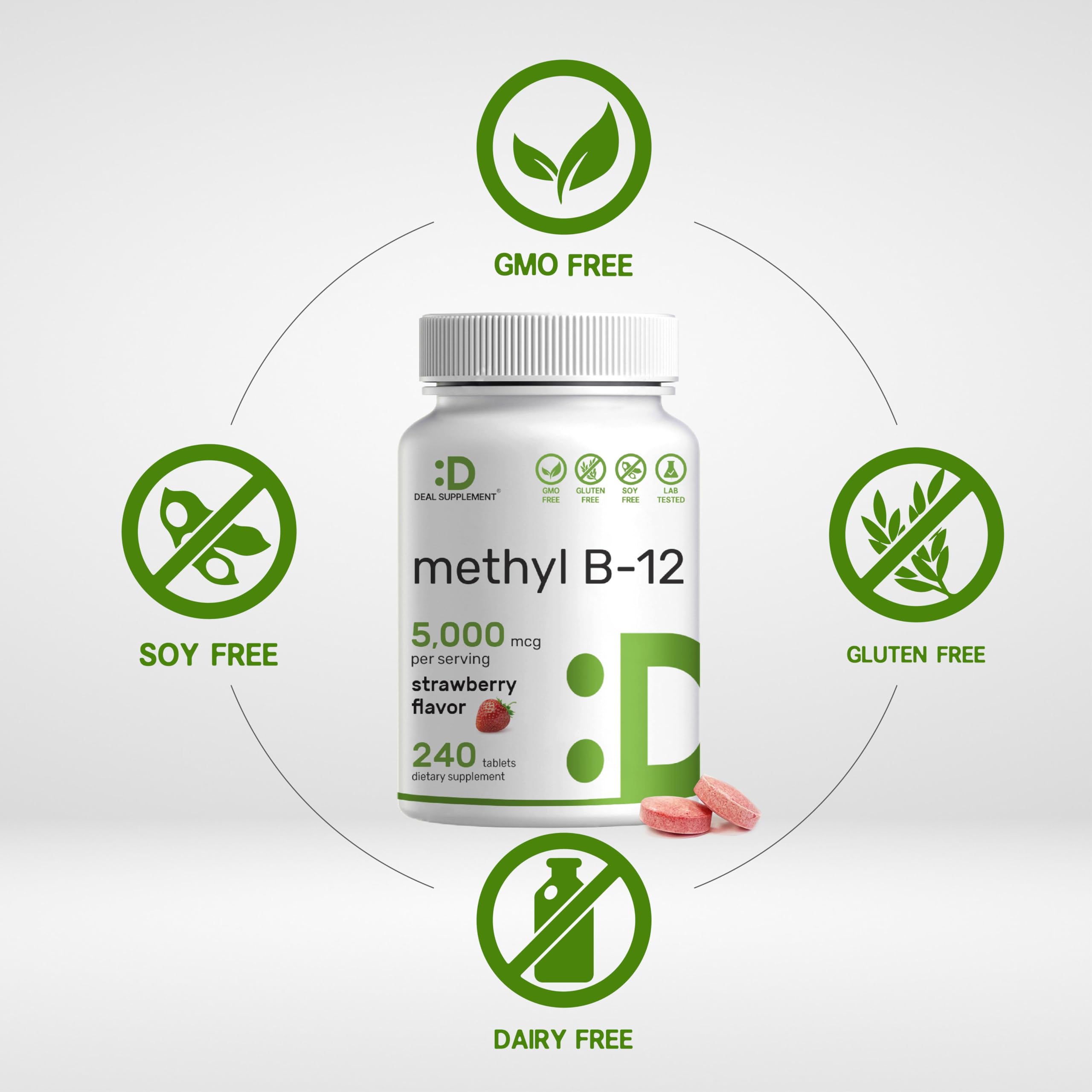 Close-up of DEAL SUPPLEMENT Chewable Vitamin B12 Tablets showing strawberry flavour