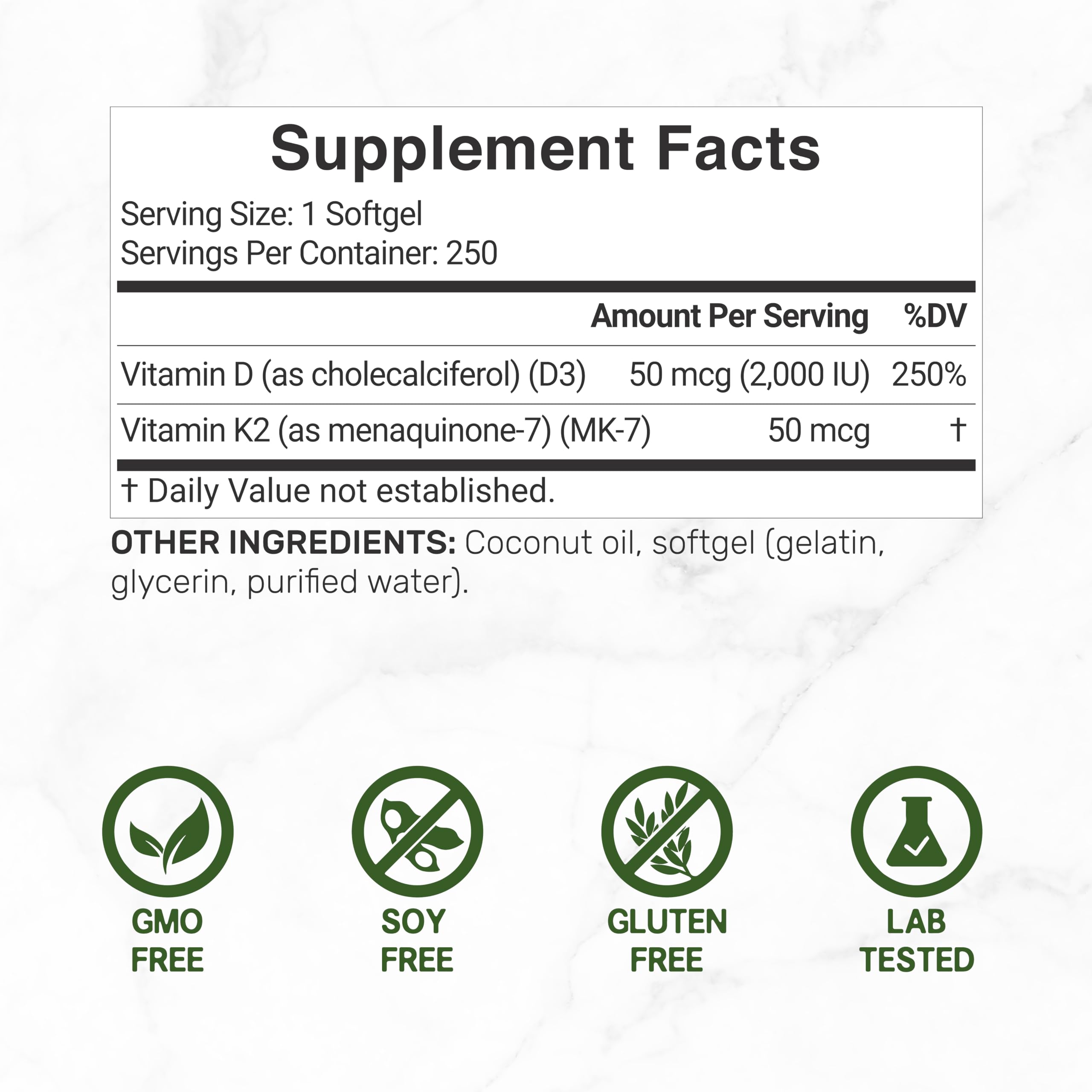 Close-up of DEAL SUPPLEMENT Vitamin D3 & K2 softgels