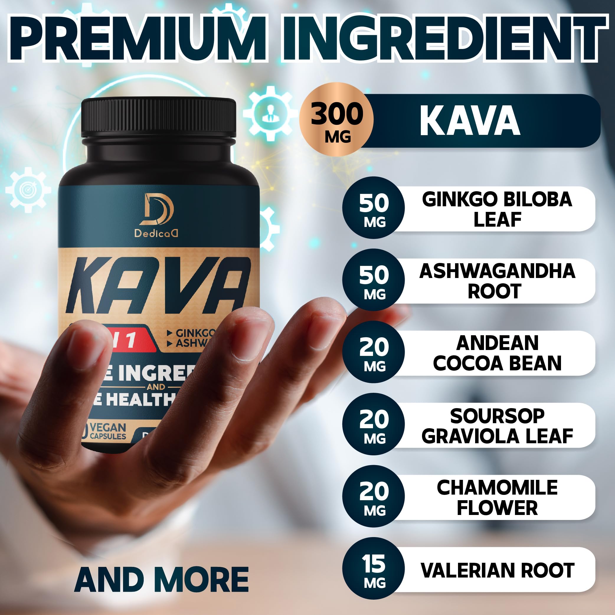 Close-up of DEDICAD Kava Kava capsules