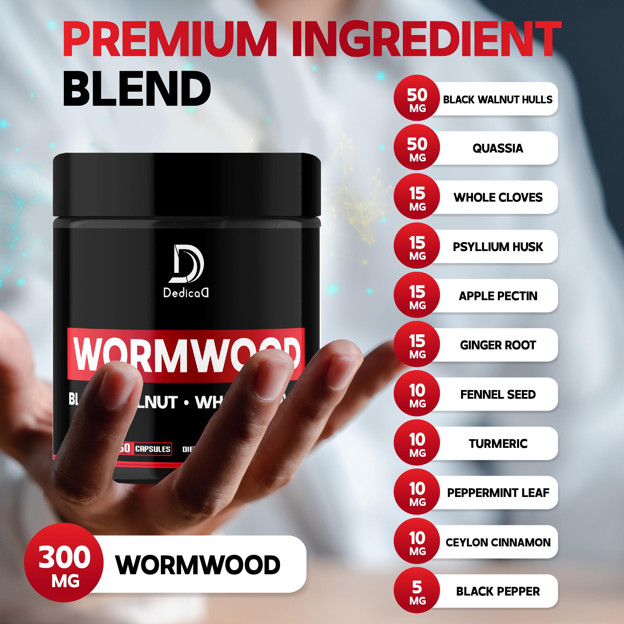 Close-up of DEDICAD Wormwood Supplement capsules on a wooden surface