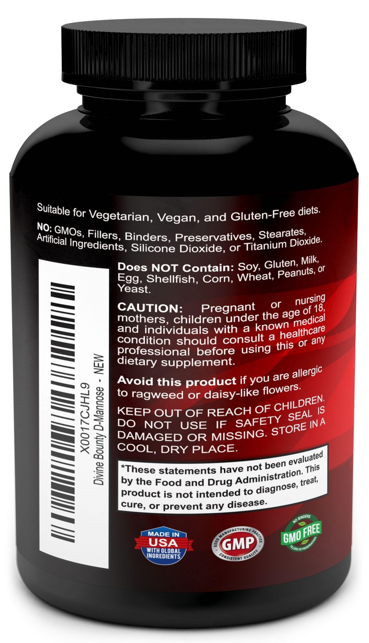 Close-up of Divine Bounty D Mannose capsules showing ingredients