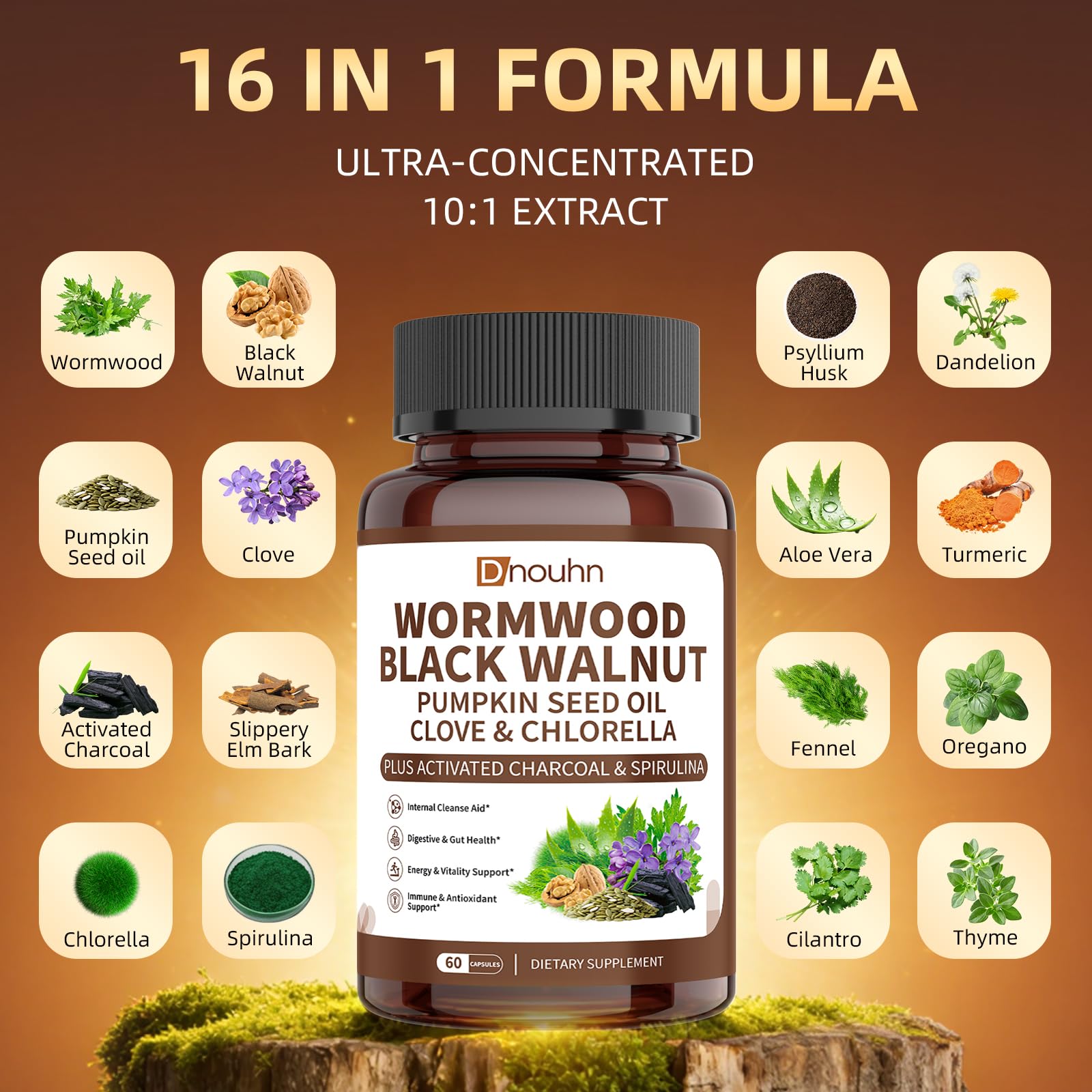 Close-up of DNOUHN Wormwood Black Walnut Clove capsules