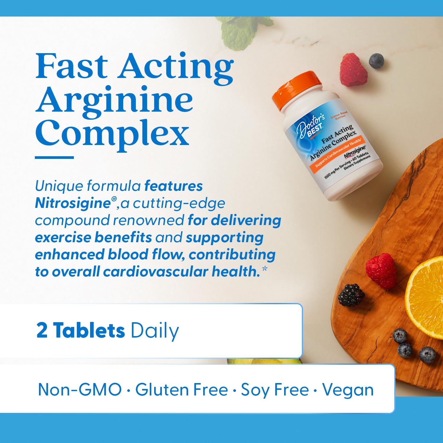 Close-up of Doctor's BEST L-Arginine Nitrosigine Complex tablets