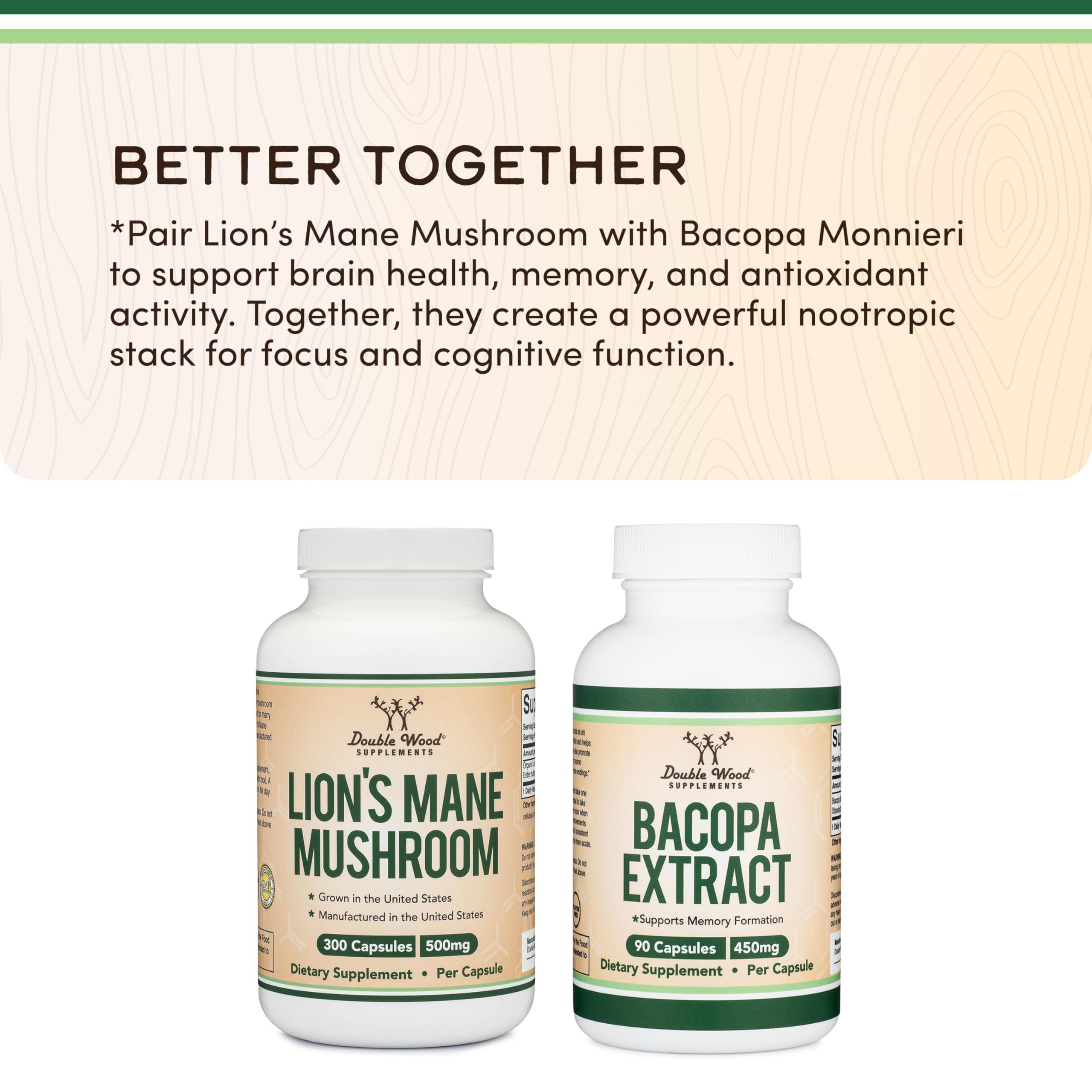 Close-up of Double Wood Supplements Lion’s Mane Mushroom capsules