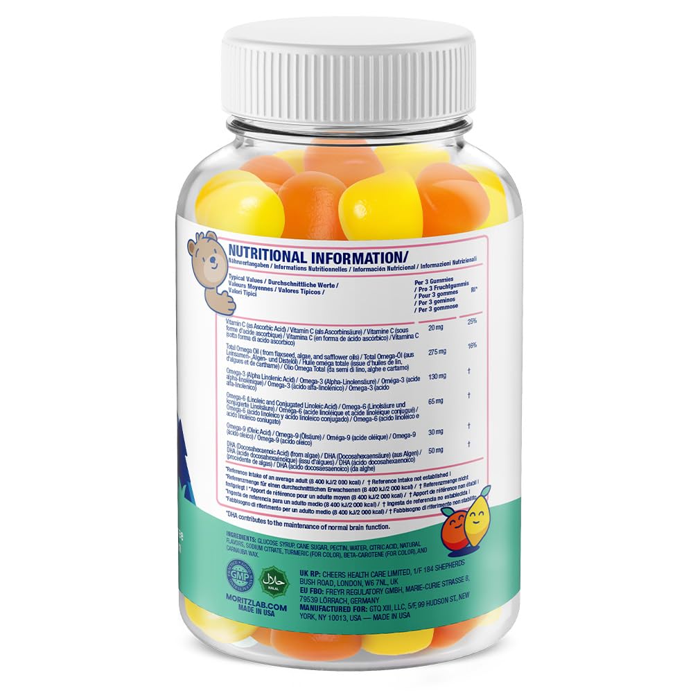 Close-up of DR. MORITZ Kids Omega 3 Gummies showing orange and lemon flavours