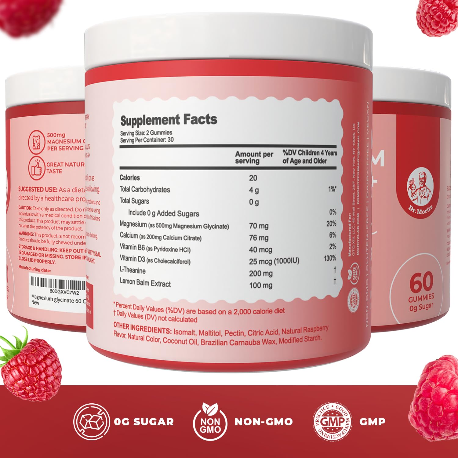 Close-up of DR. MORITZ Magnesium Glycinate Gummies showing raspberry flavour