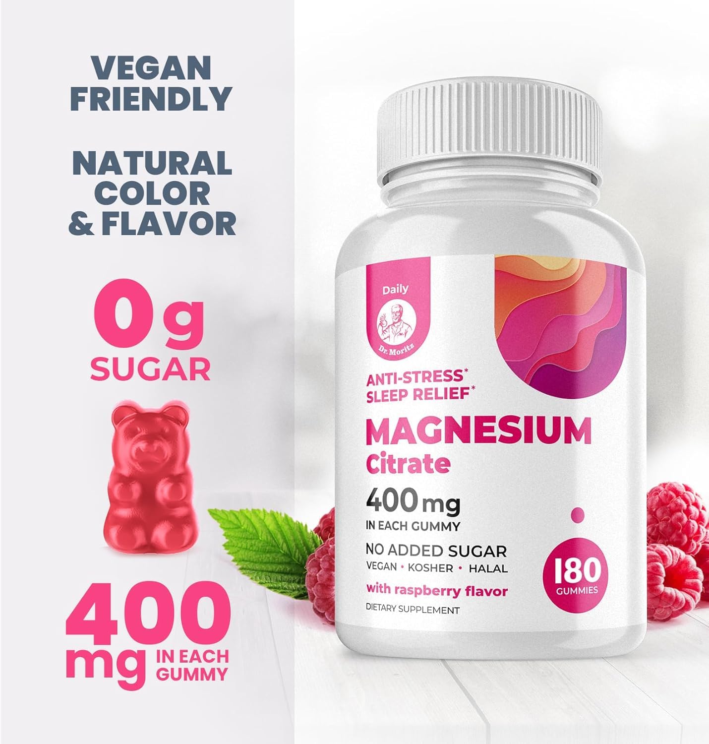 Close-up of DR. MORITZ Magnesium Gummies raspberry flavour