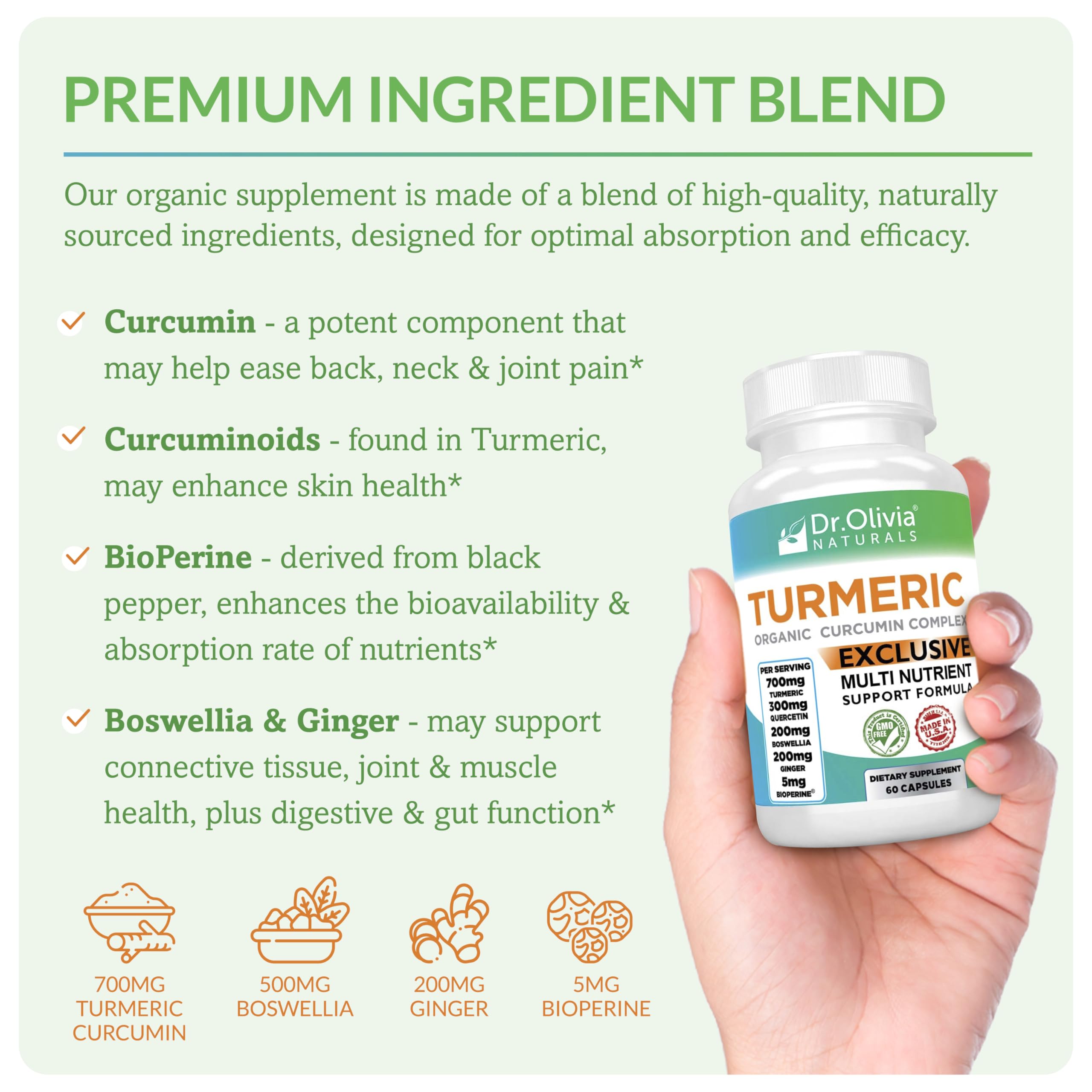 Close-up of Dr. Olivia Naturals Turmeric 5-in-1 Complex capsules