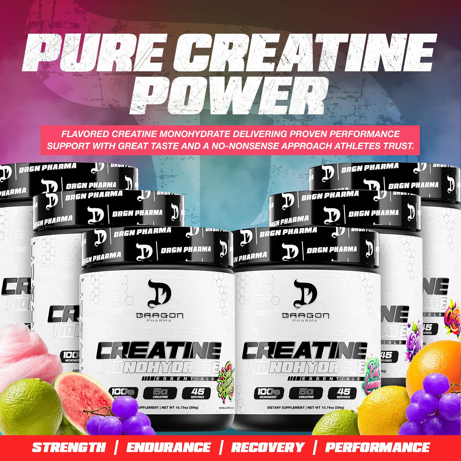 Close-up of DRAGON PHARMA Creatine Monohydrate 306g label