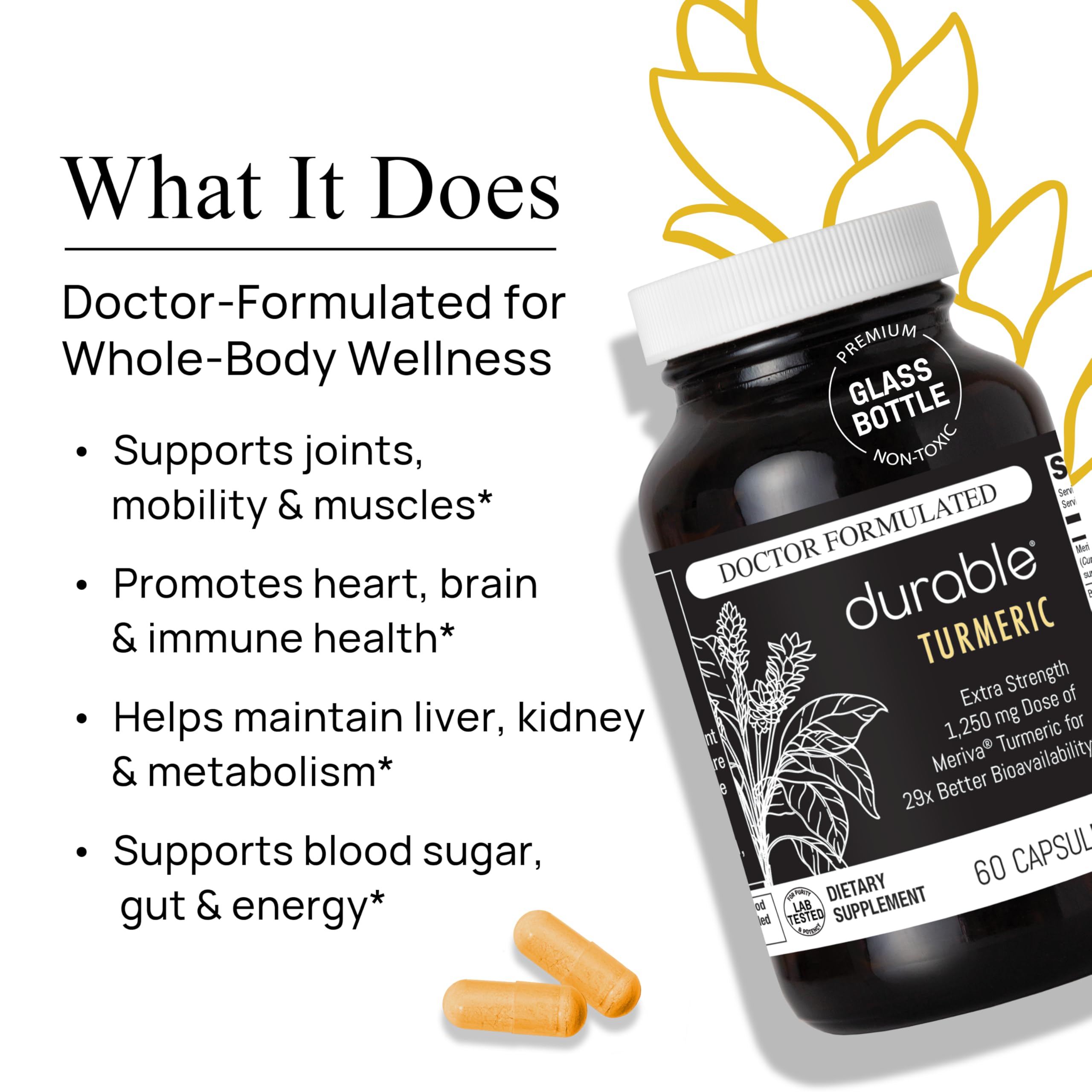 Close-up of Durable Turmeric Supplement label showing ingredients