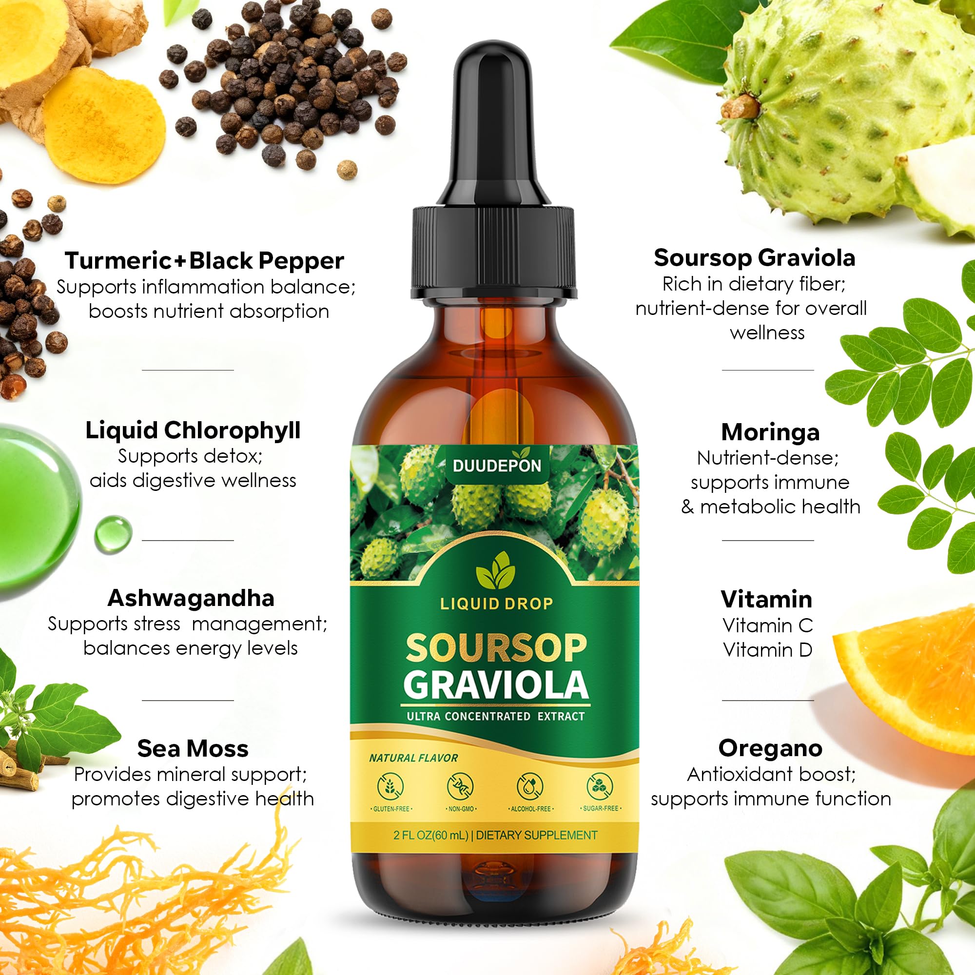 Close-up of DUUDEPON Soursop Bitters Liquid ingredients