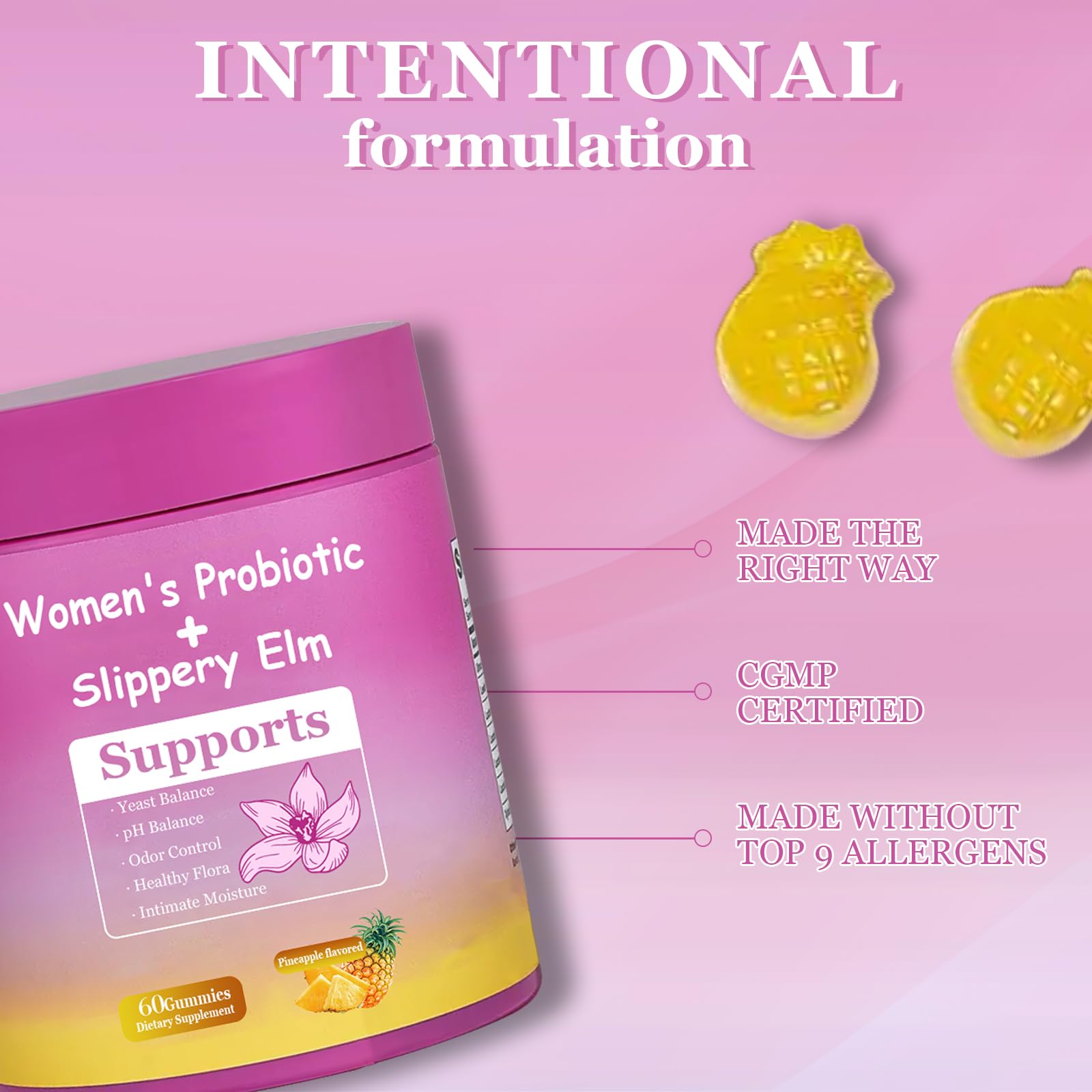 Close-up of Dyale Feminine Balance Gummies showing gummies in a bowl
