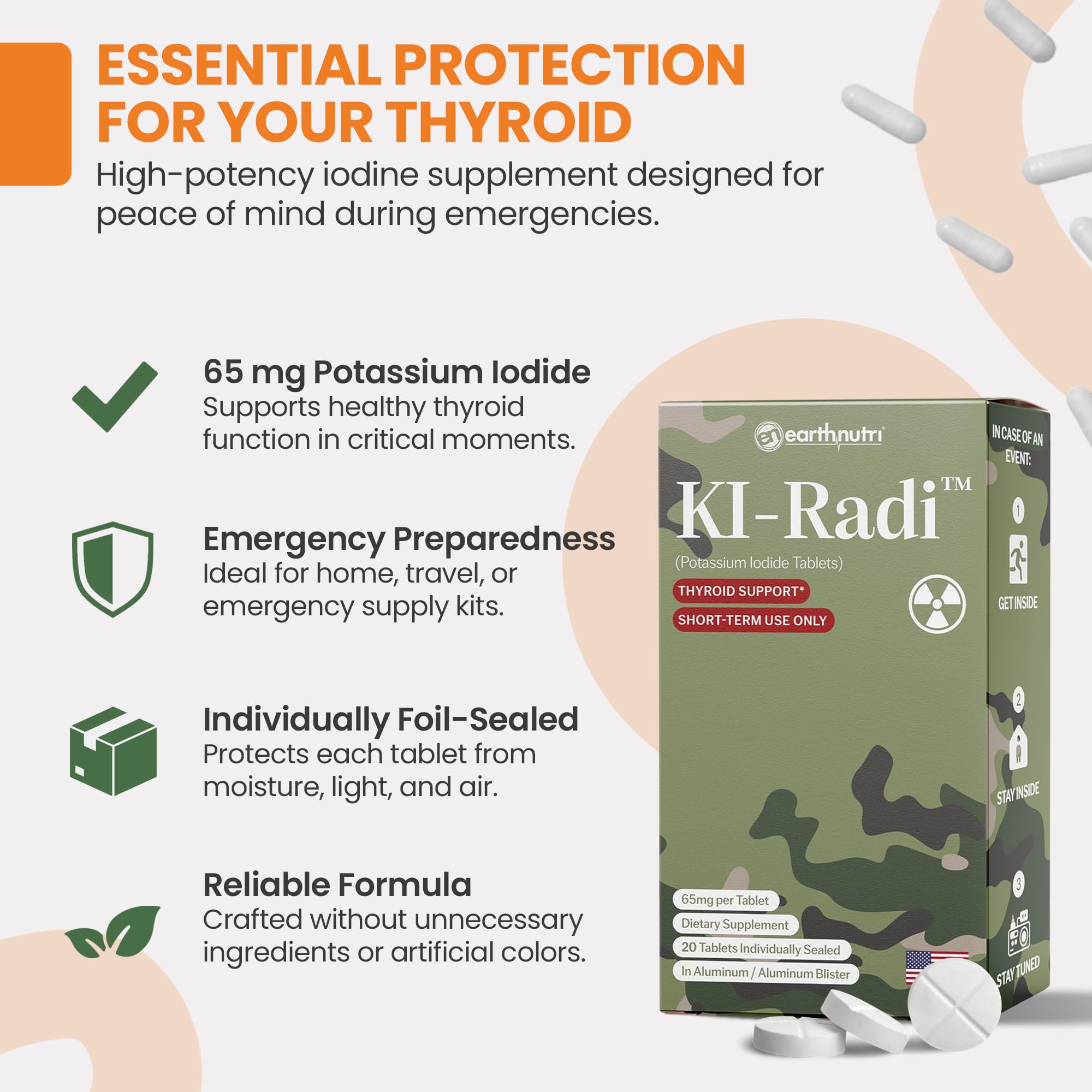 Close-up of EarthNutri potassium iodide tablets in blister packaging