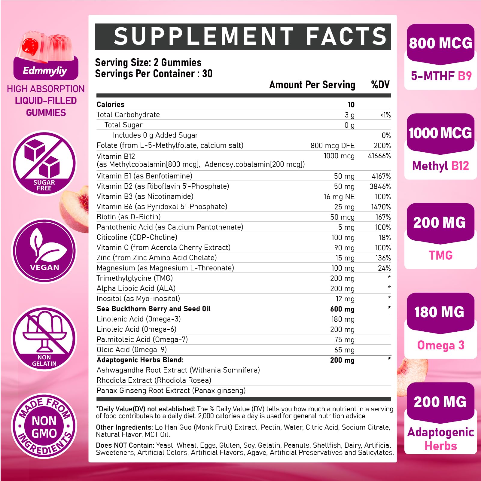 Close-up of Edmmyliy Vitamin B Complex Gummies showing peach flavour