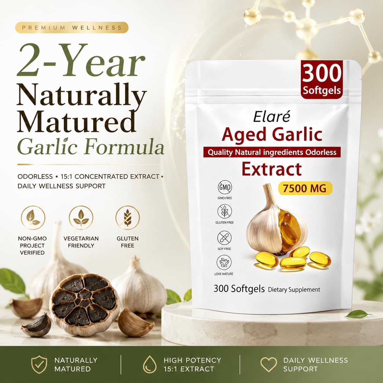 Close-up of ELARE Aged Garlic Extract Softgels showing softgel size