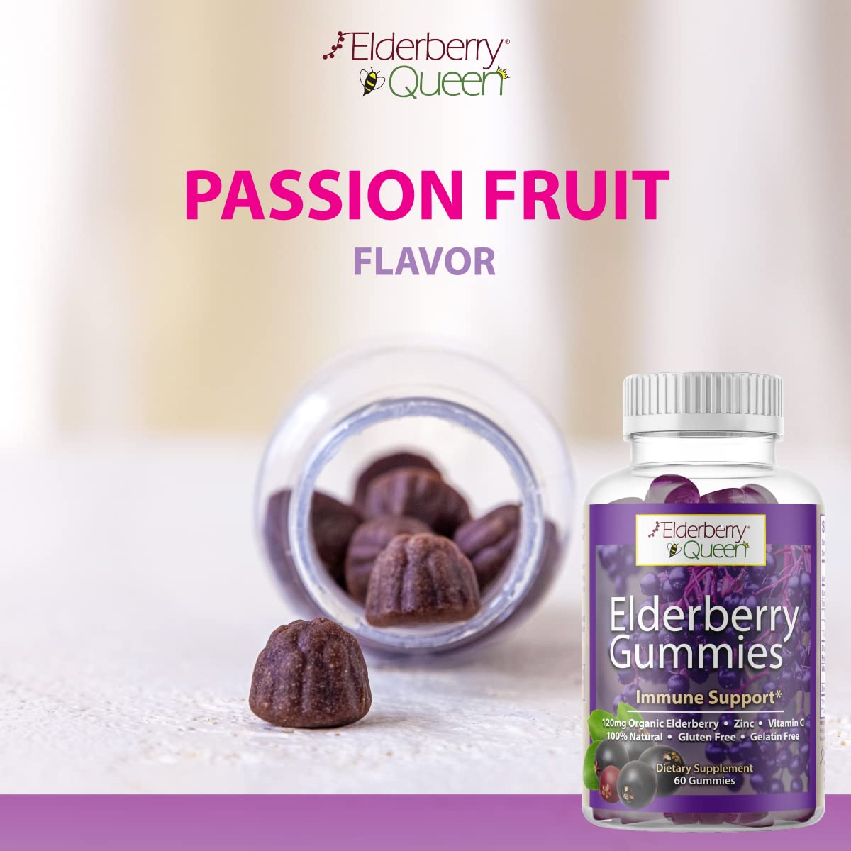 Close-up of Elderberry Queen Gummies texture and shape