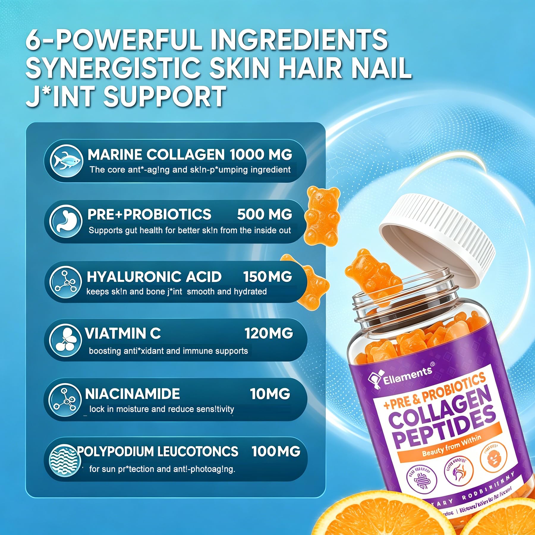 Close-up of ELLAMENTZ Marine Collagen Gummies showing orange flavour