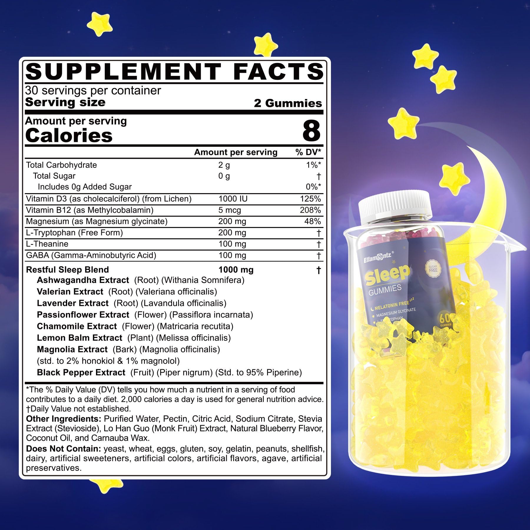 Close-up of ELLAMENTZ Melatonin-Free Gummies showing blueberry flavour