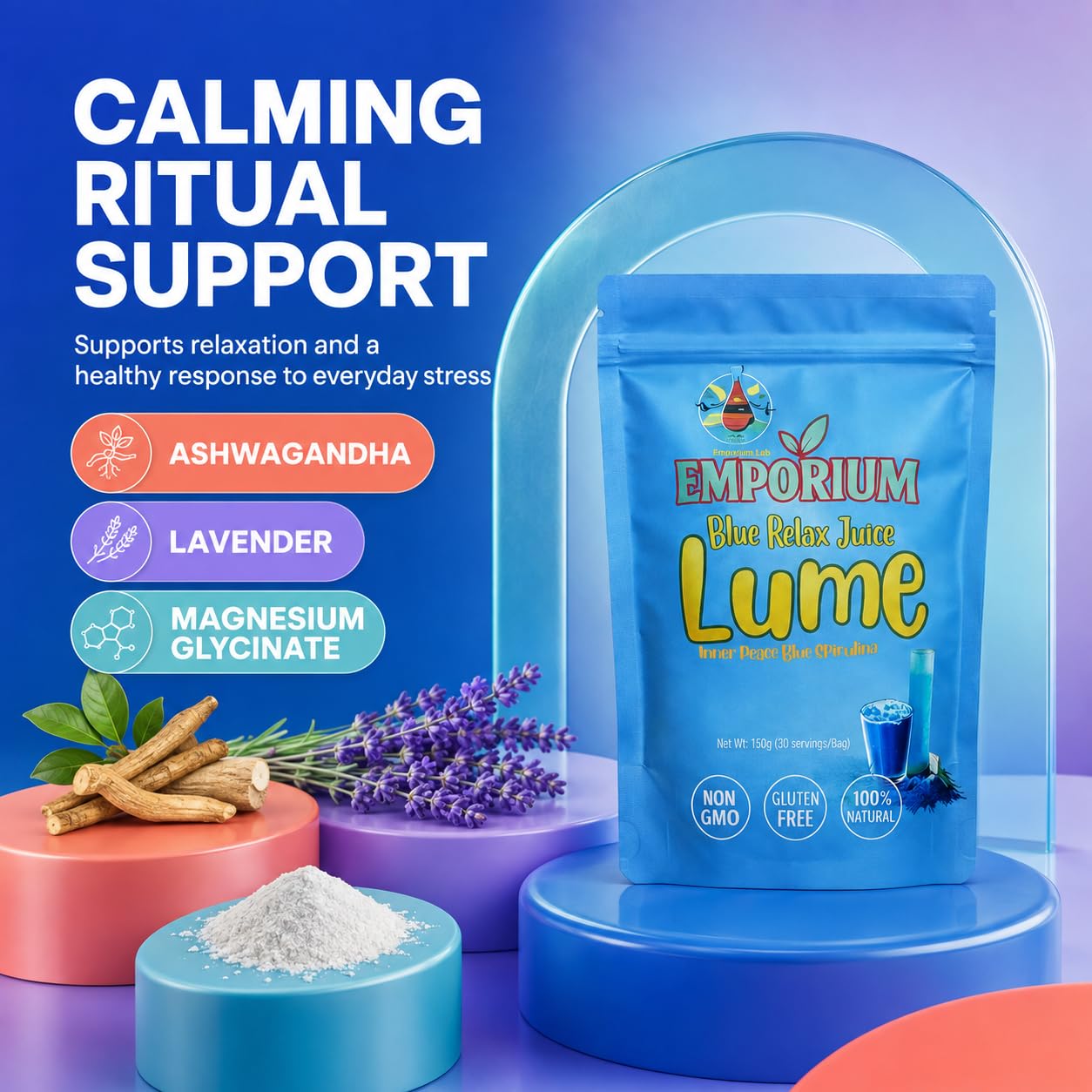 Close-up of Emporium Lab ELOHIM LUME Blue daily wellness Drink Mix ingredients list