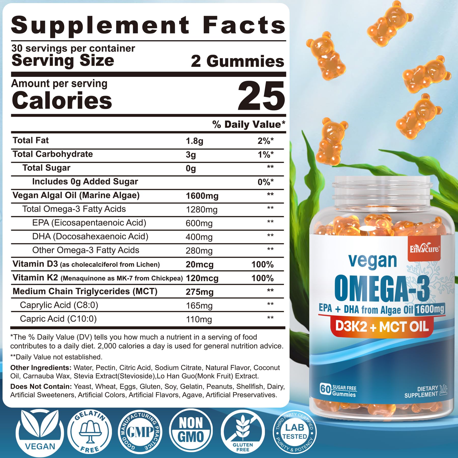 Close-up of EnvyCure Vegan Omega 3 Gummies showing orange colour