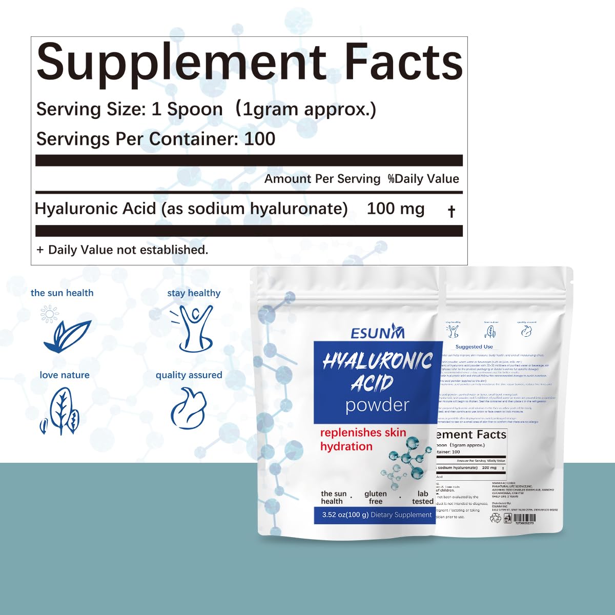 Close-up of ESUNM Hyaluronic Acid Powder texture