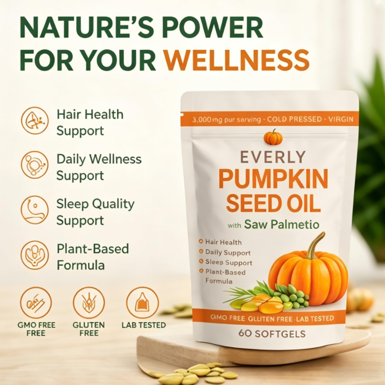 Close-up of Everly Pumpkin Seed Oil Softgel showing texture