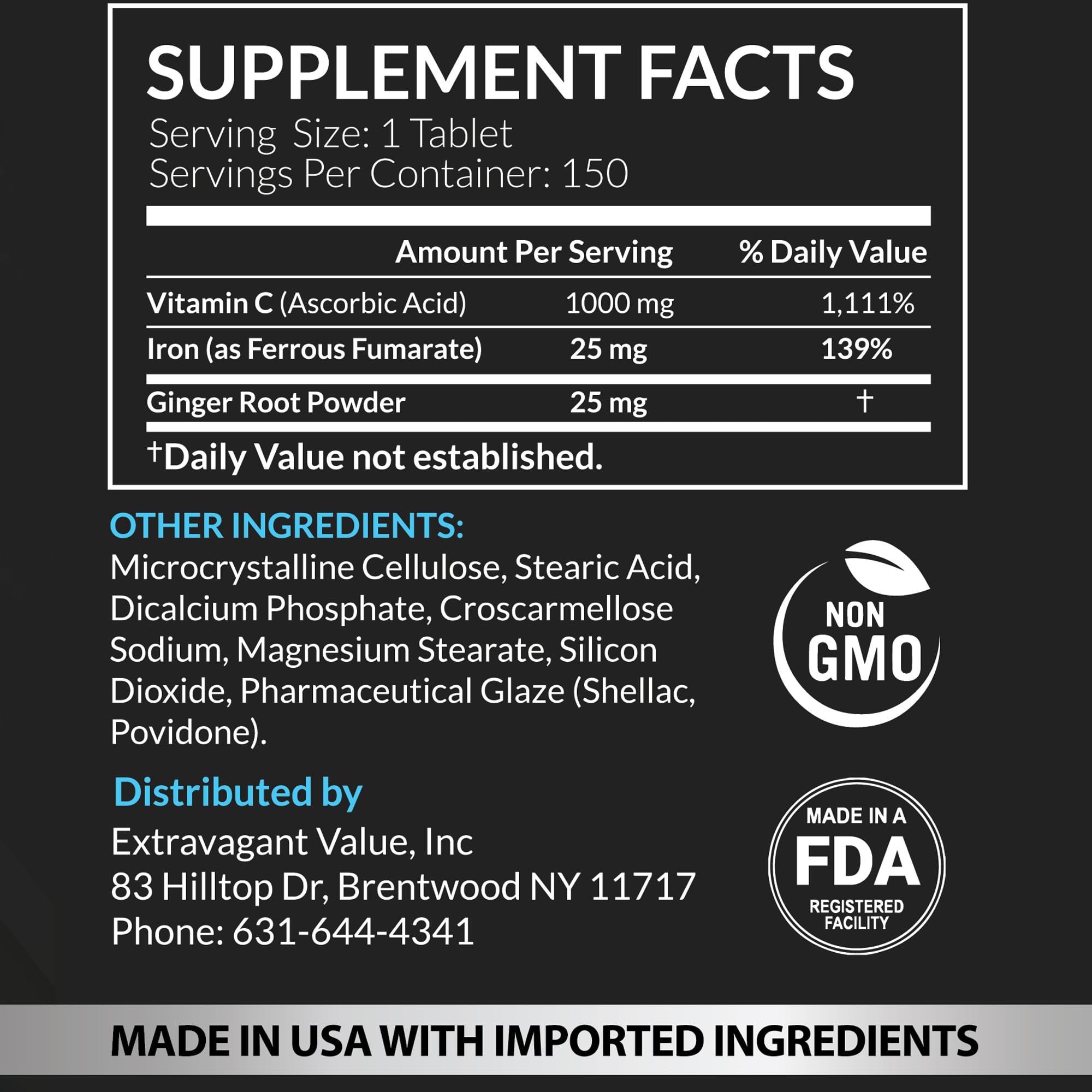 Close-up of Extravagant Value Iron + Vitamin C 1000mg supplement tablets