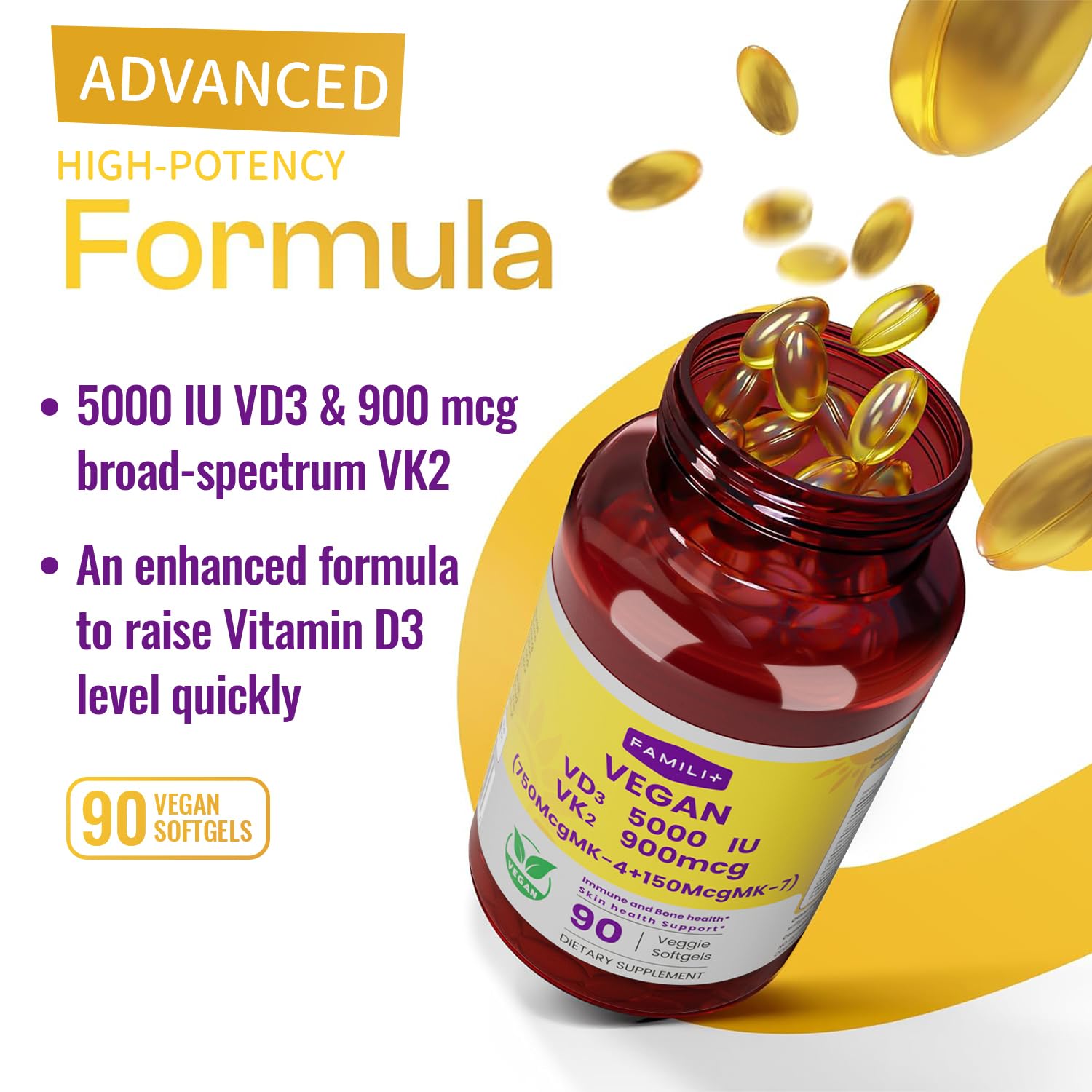 Close-up of FAMILI+ Vitamin D3 K2 Coconut MCT Oil capsule