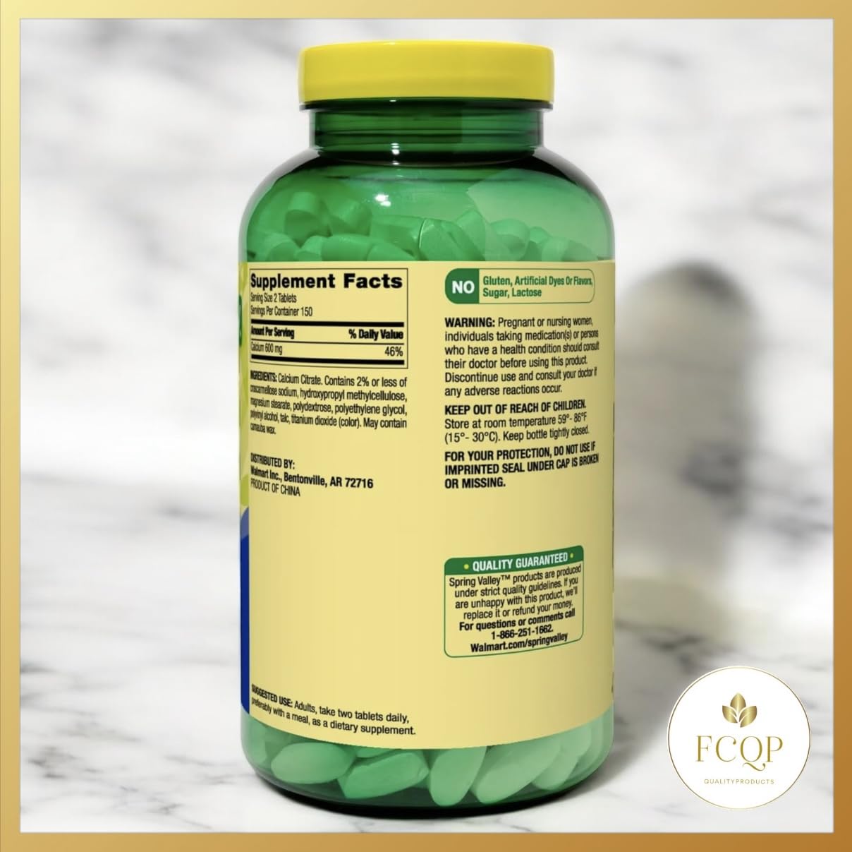Close-up of FCQP Calcium Citrate Dietary Supplement Tablets