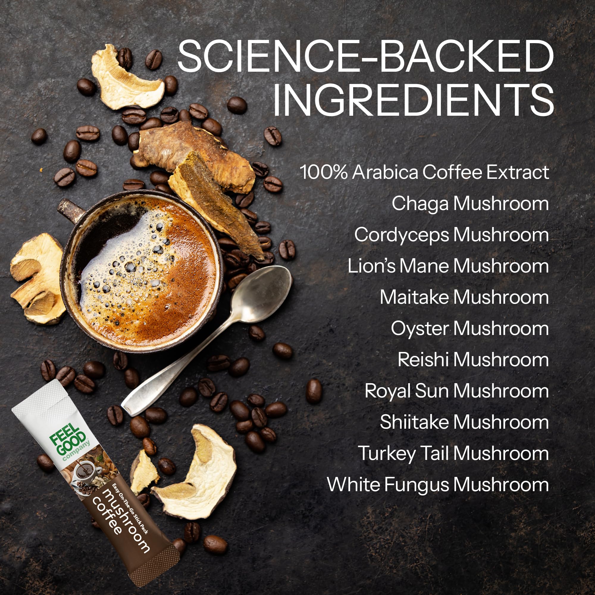 Close-up of FeelGood Superfoods Organic Mushroom Supplement Sticks with mushrooms