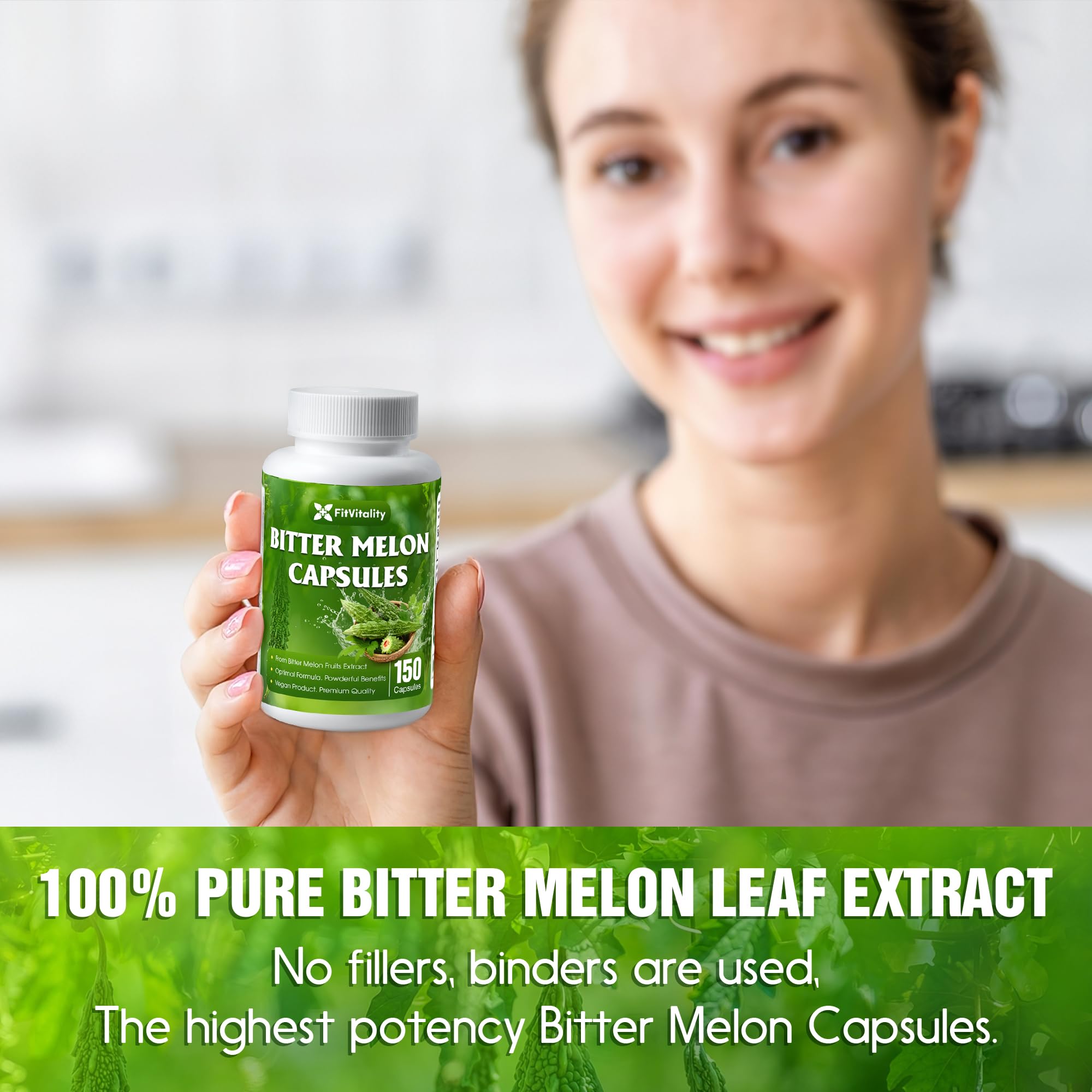 Close-up of FitVitality Bitter Melon Capsules on a wooden table