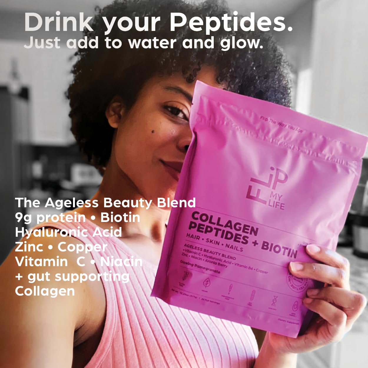 Close-up of Flip My Life Collagen Peptides + Biotin ingredients