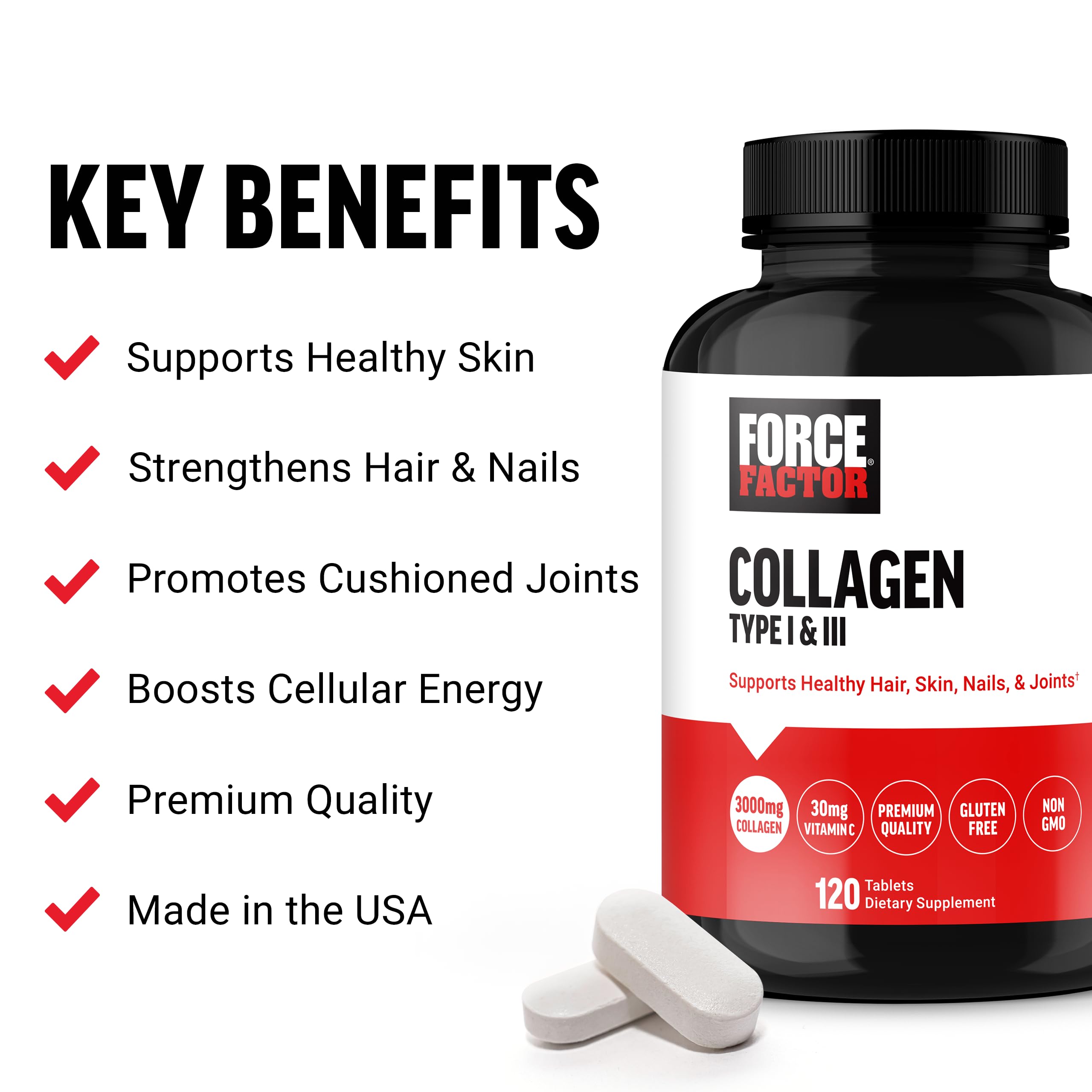 Close-up of Force Factor Collagen Tablets showing dosage