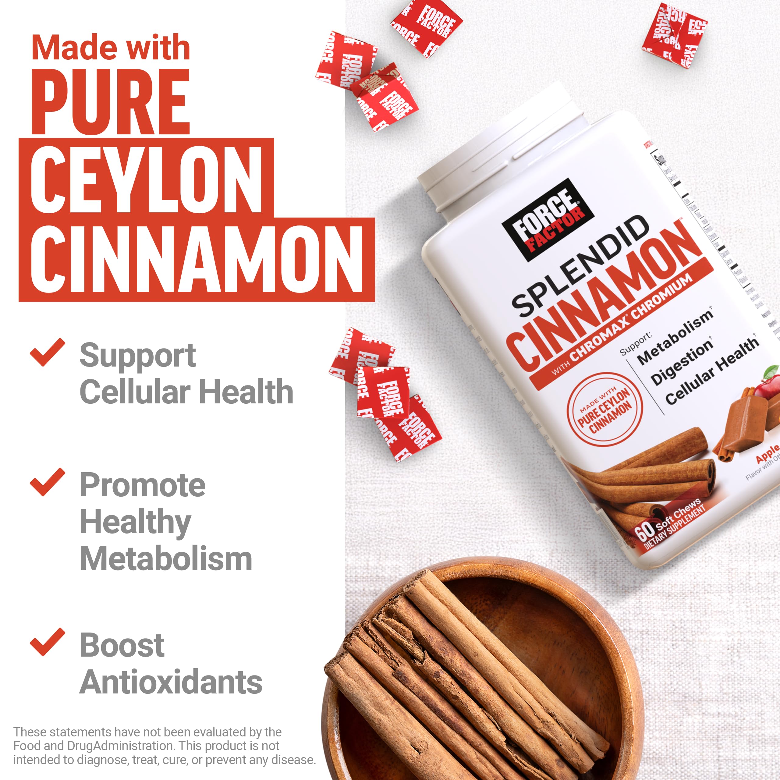 Close-up of Force Factor Splendid Cinnamon Soft Chews showing individual wrappers