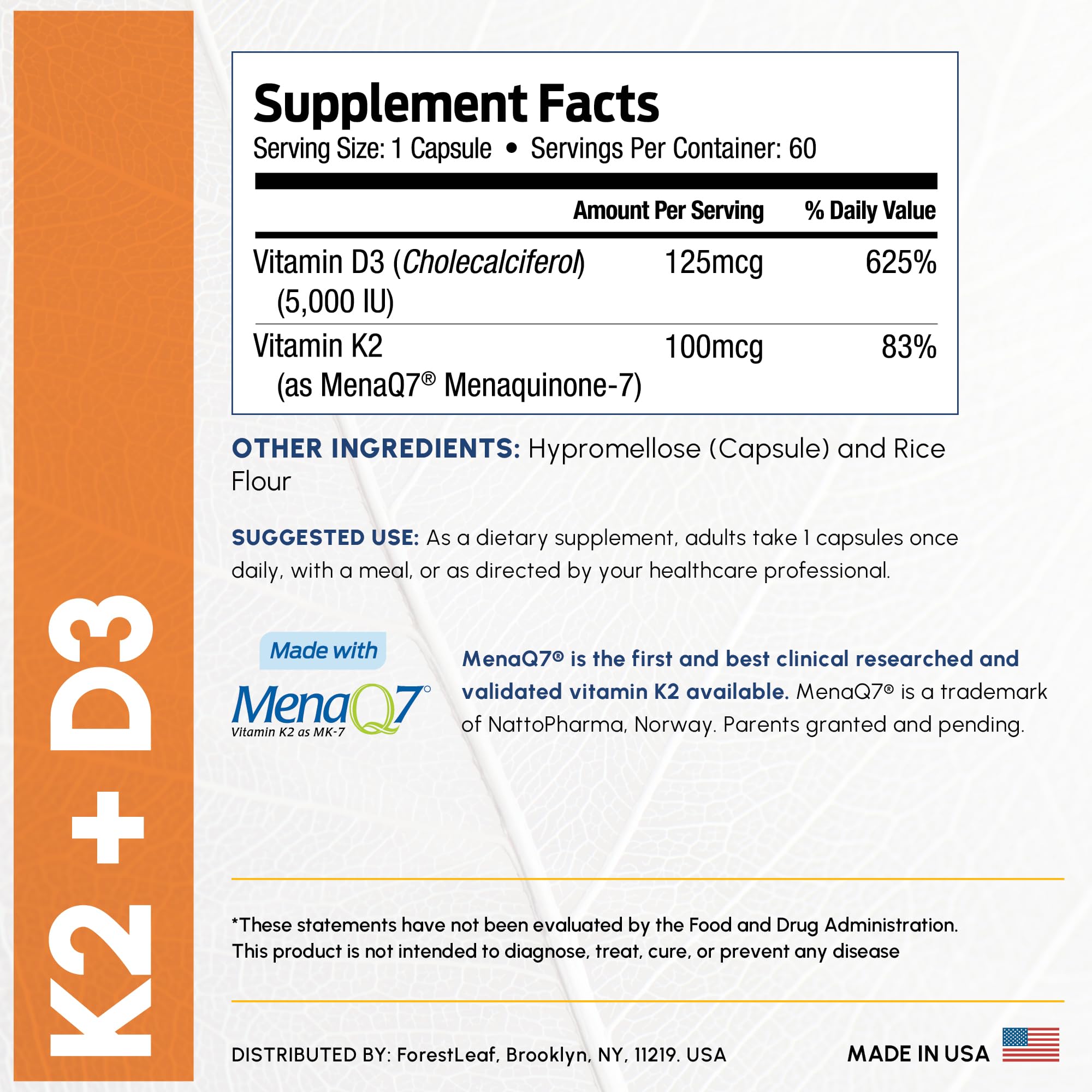 Close-up of ForestLeaf D3 + K2 Supplement capsules