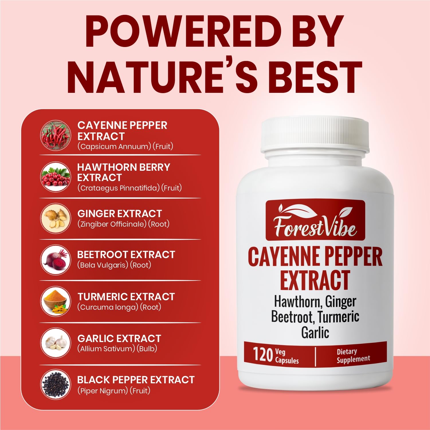 Close-up of ForestVibe Cayenne Pepper Capsules showing vegan capsules