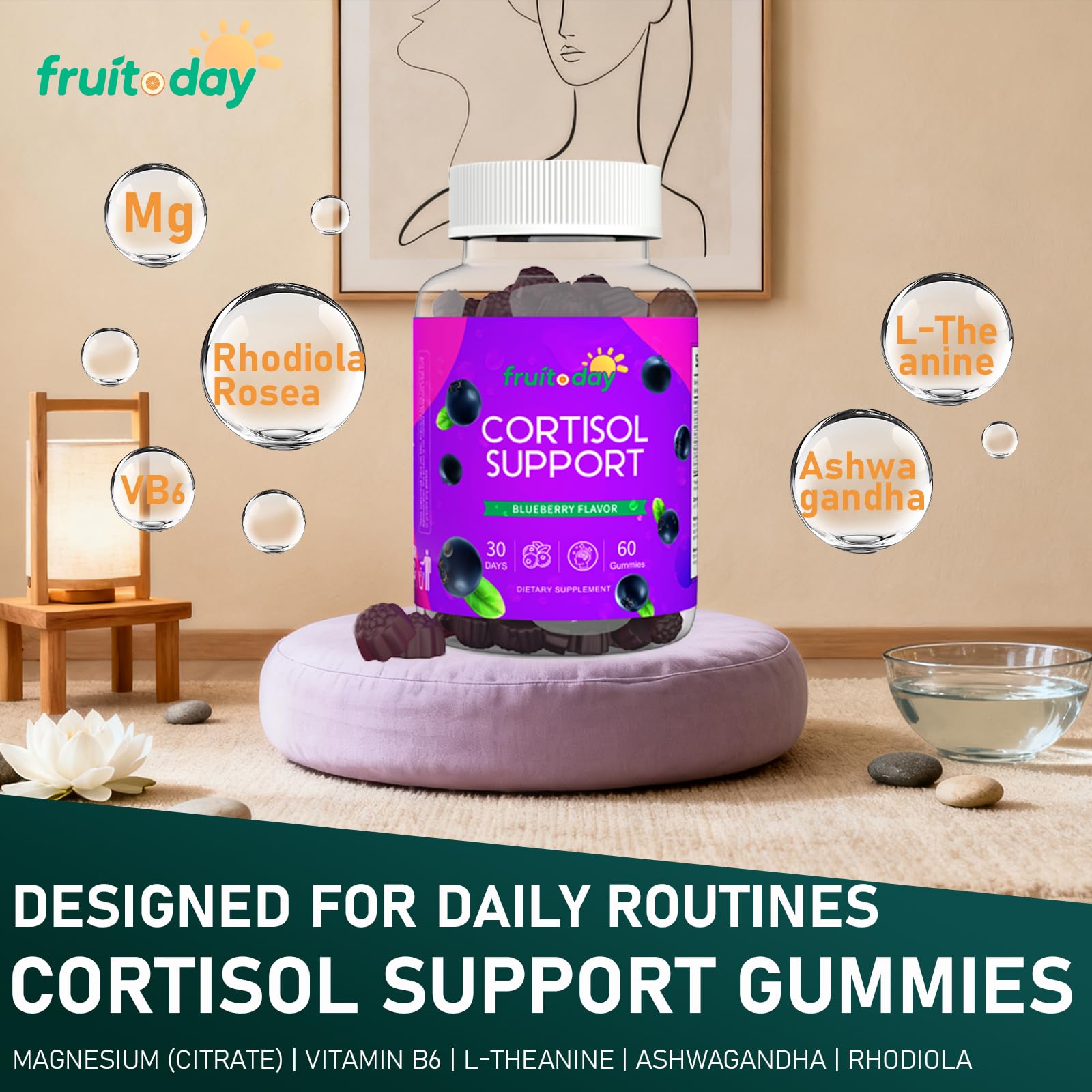 Close-up of Fruitoday Cortisol Support Gummies showing texture