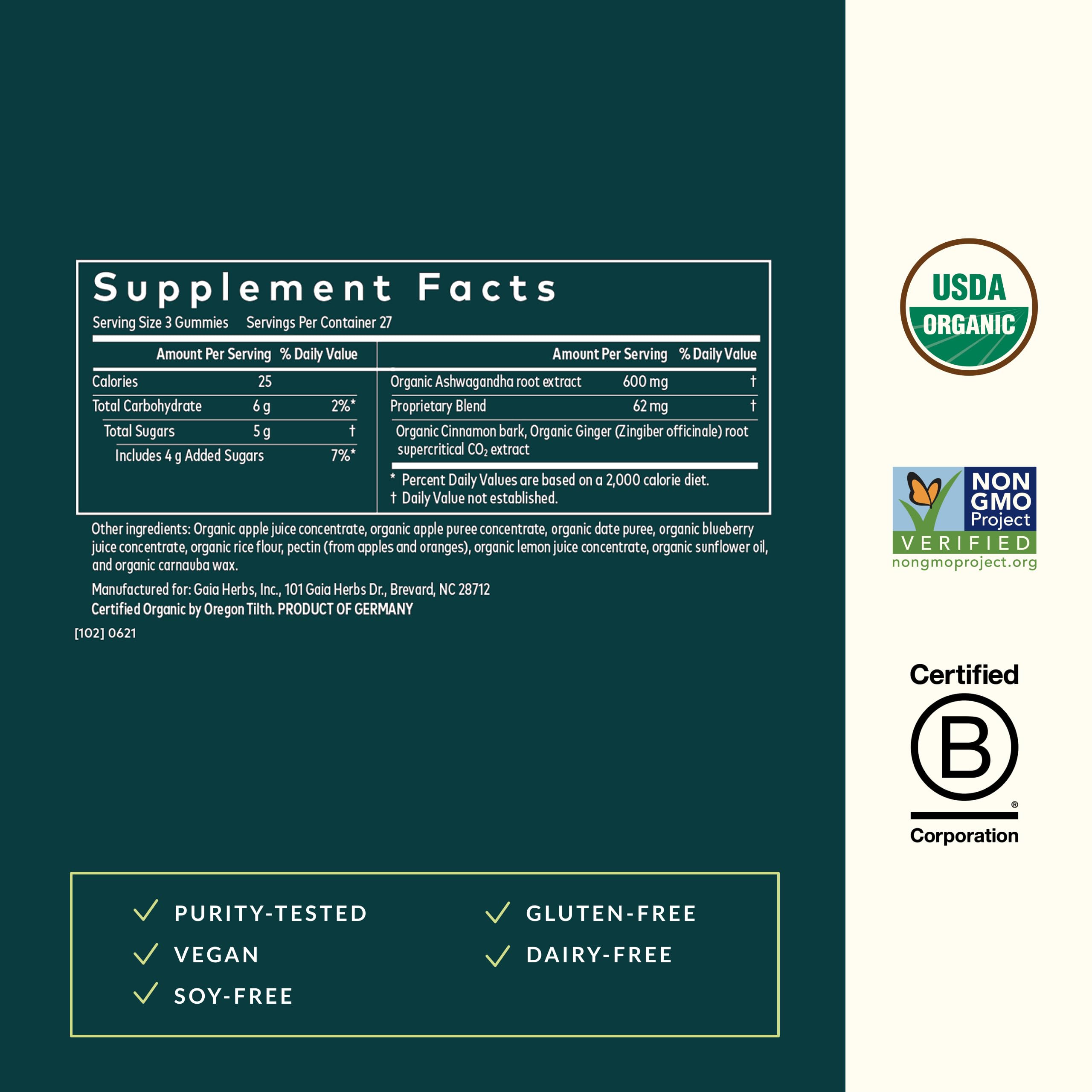 Close-up of Gaia Herbs Organic Ashwagandha Gummies