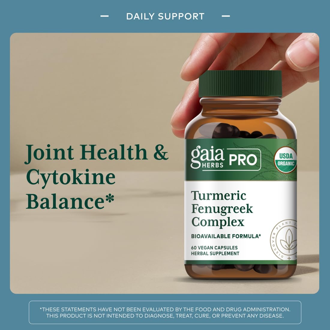 Close-up of Gaia Herbs PRO Turmeric Fenugreek ingredients