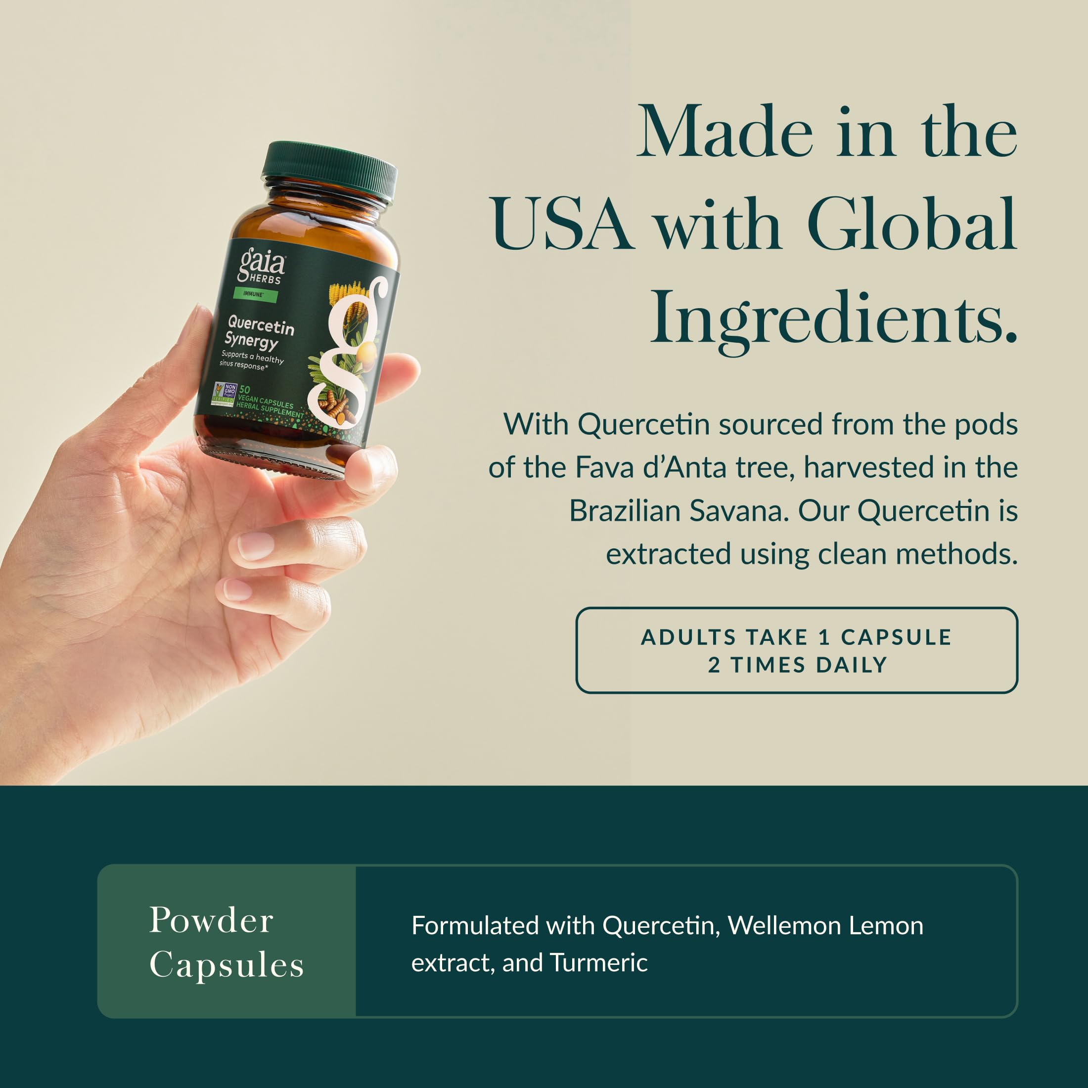Close-up of Gaia Herbs Quercetin Synergy vegan capsules