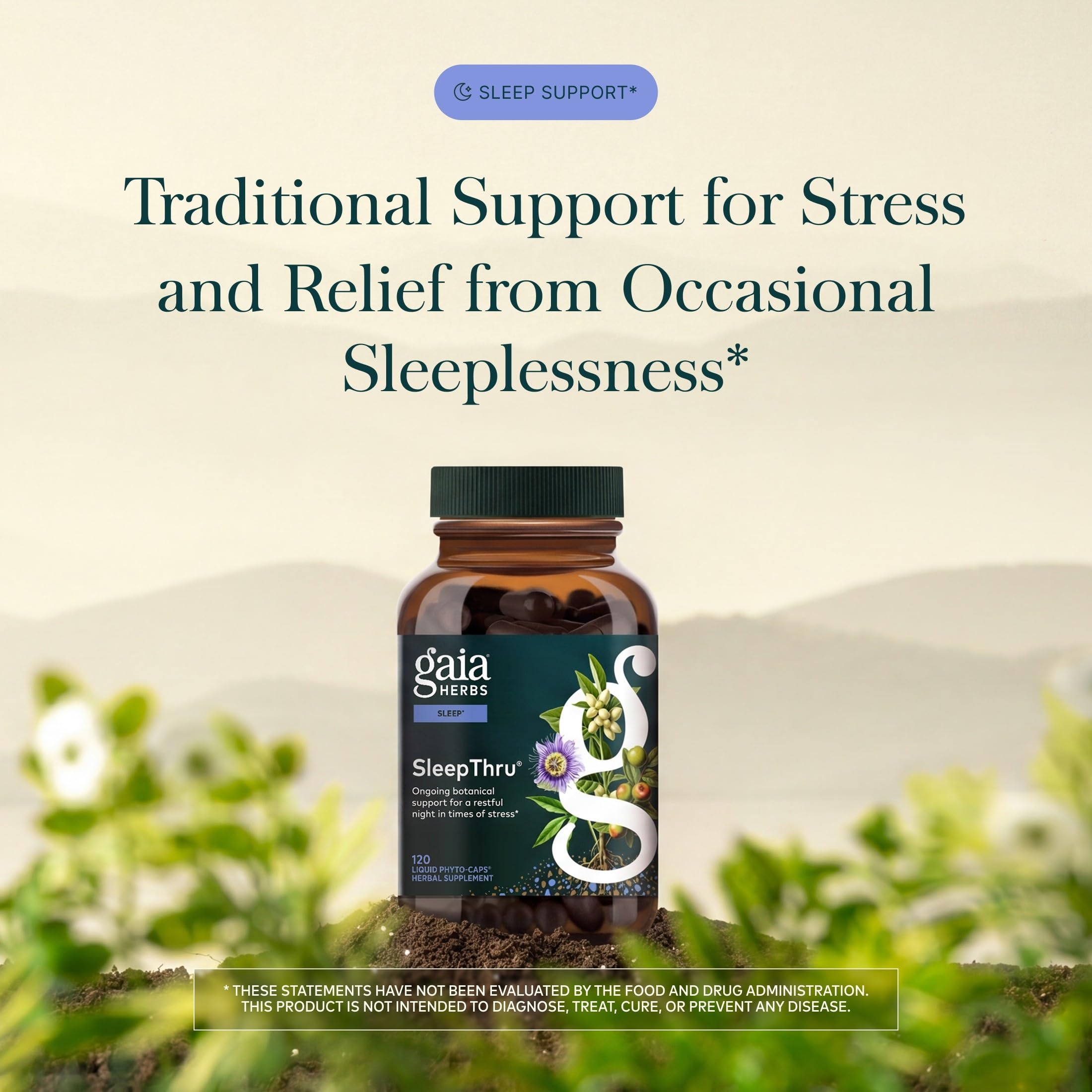 Close-up of Gaia Herbs SleepThru vegan capsules