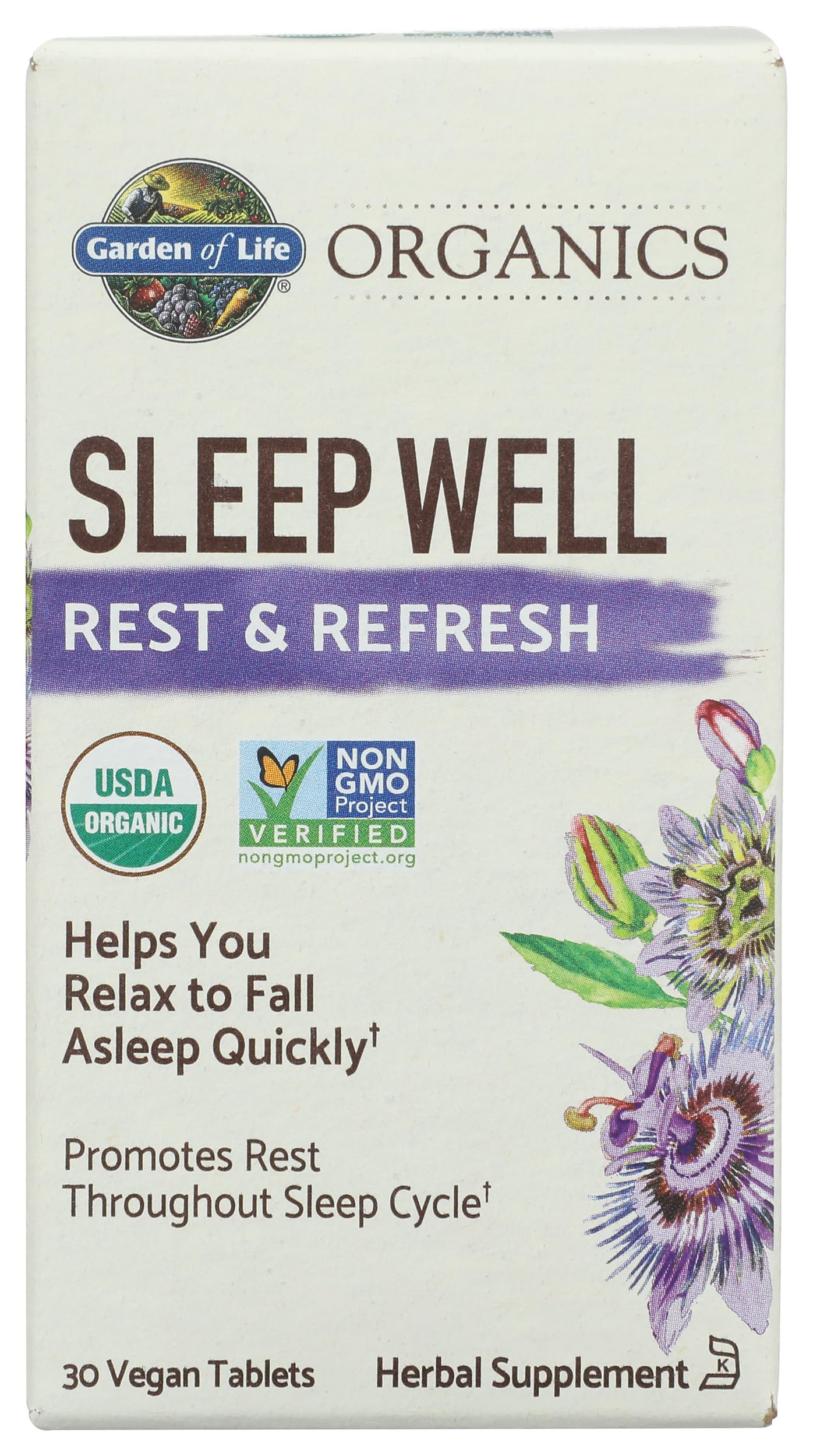 Close-up of Garden of Life Sleep Well Rest & Refresh Organic Tablets
