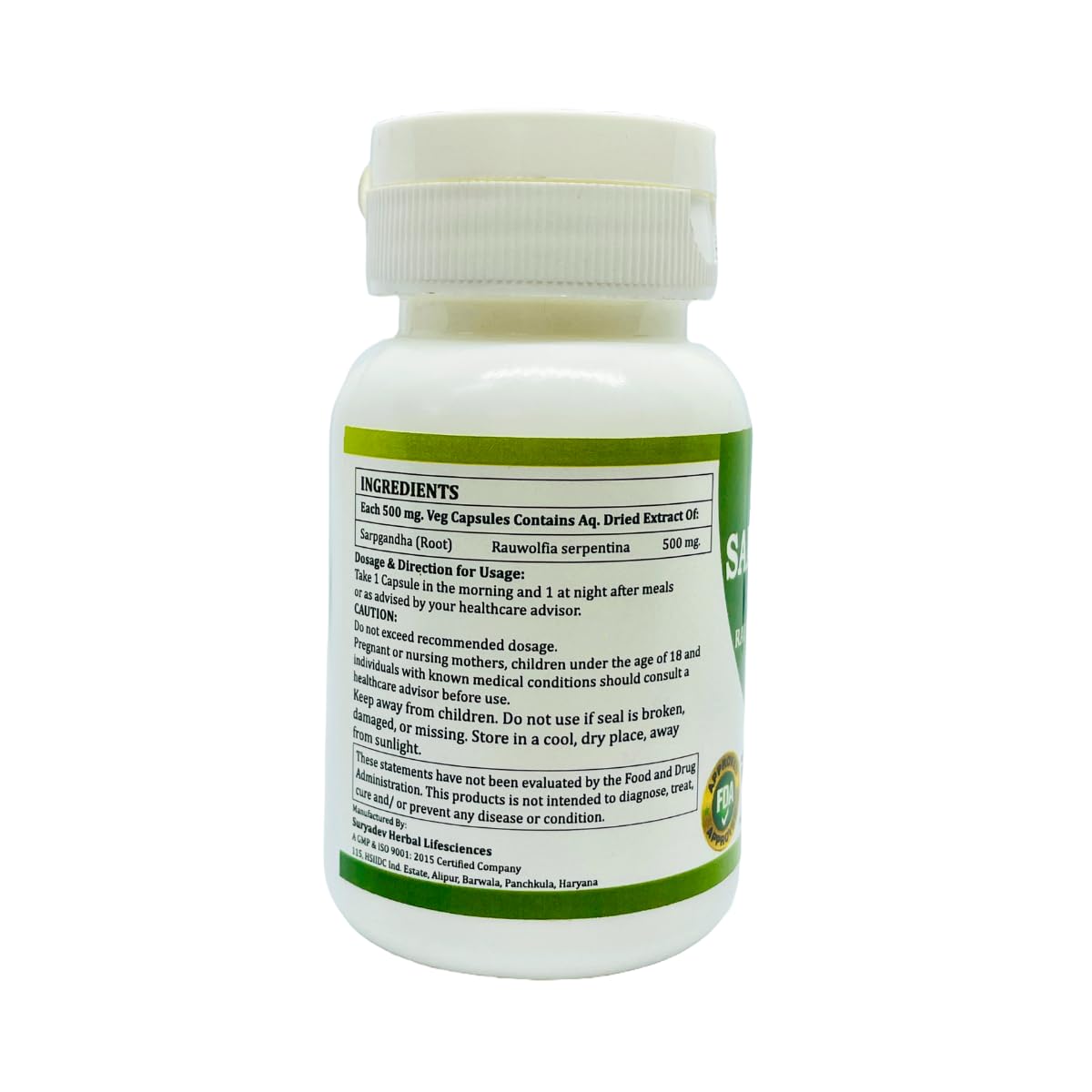 Close-up of Generic Sarpgandha Capsules showing label details