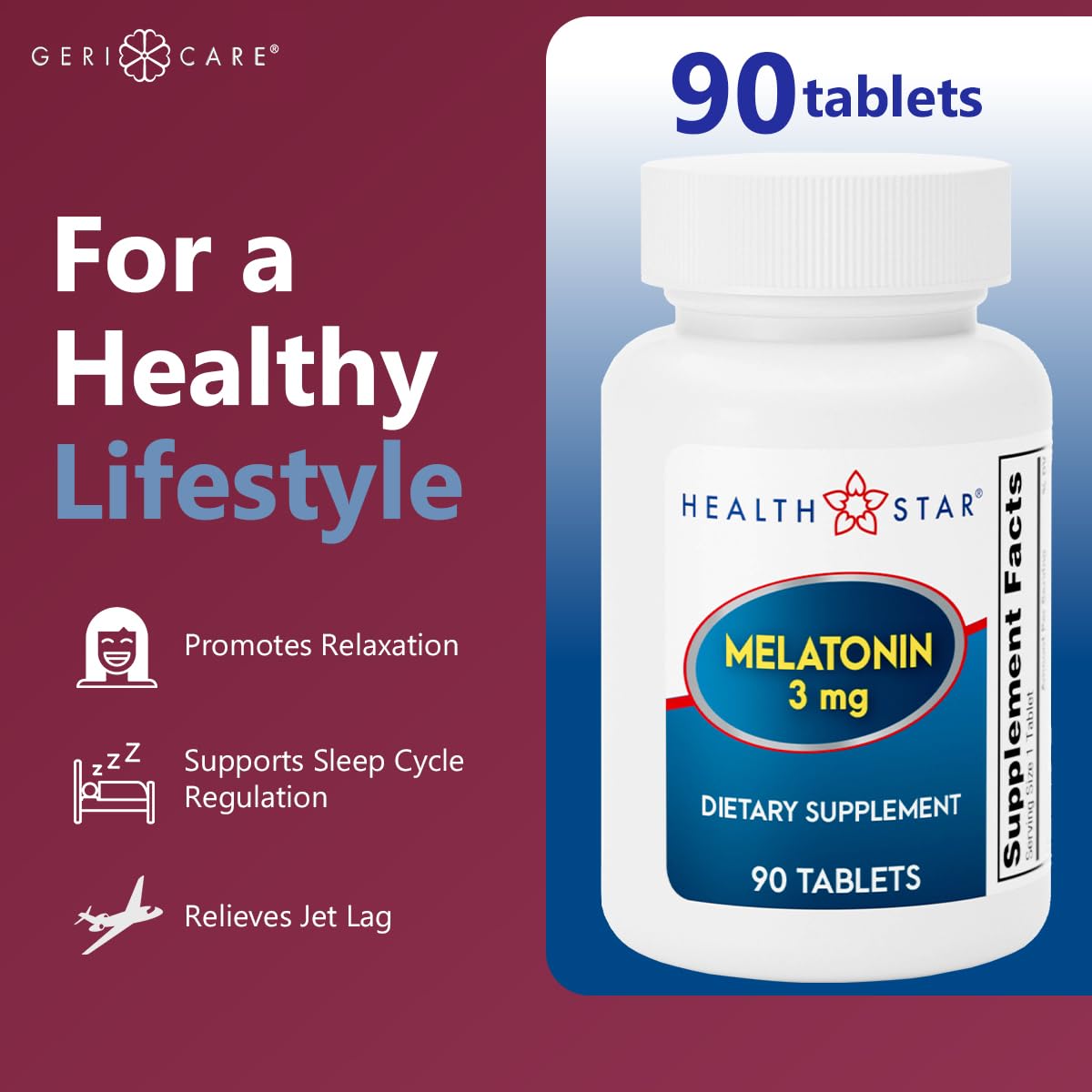 Close-up of GeriCare Melatonin 3mg Tablet showing dosage